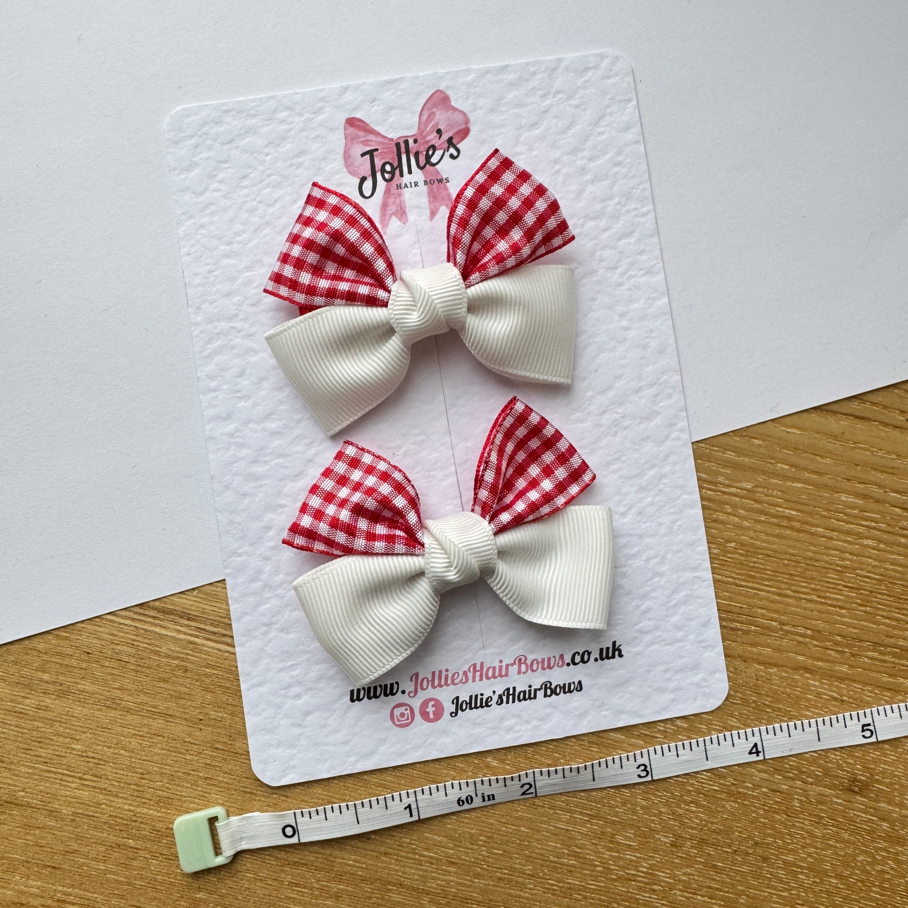 2.5" Red and White Gingham Classic Hair Bow Pair – Grosgrain Ribbon Clips with Teeth