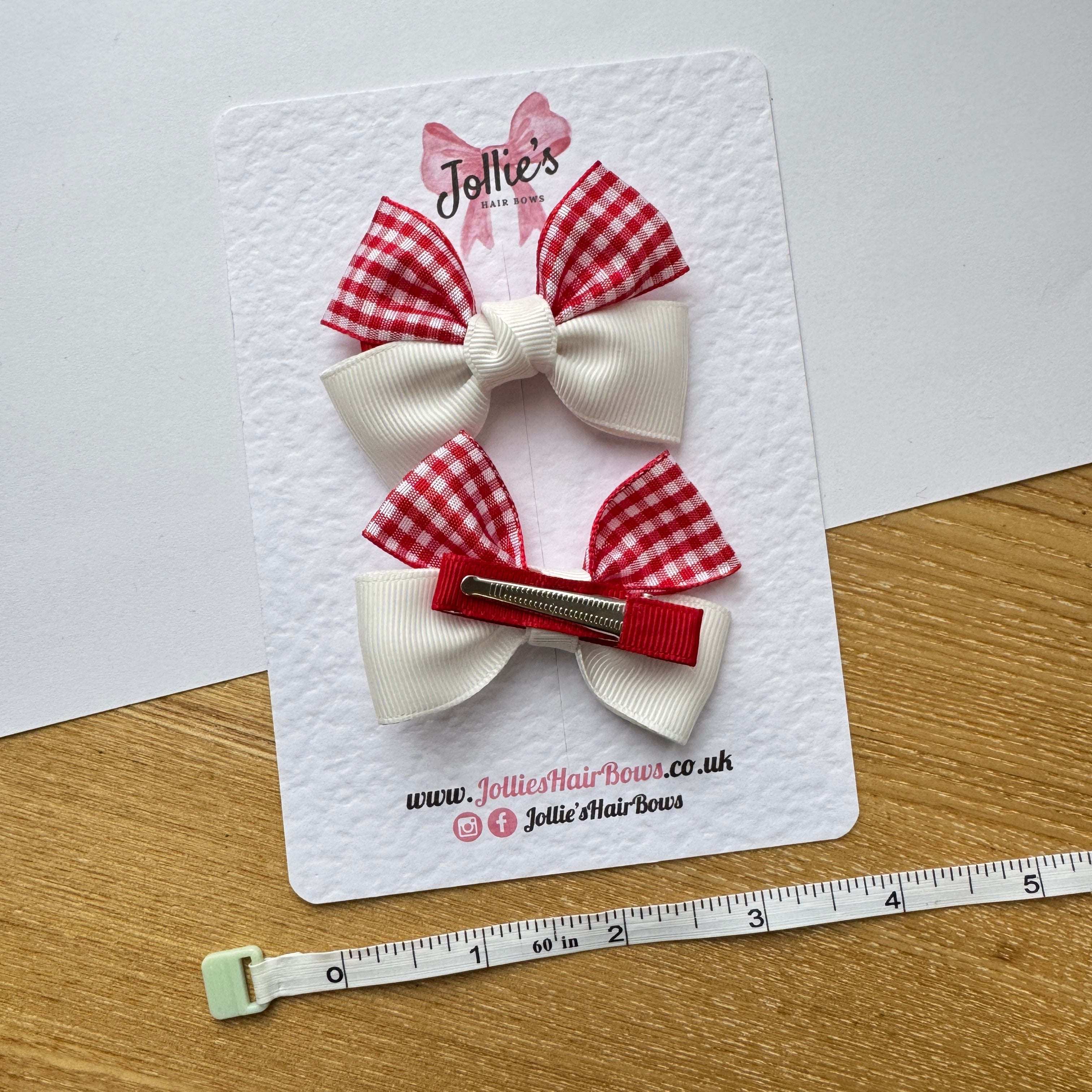 2.5" Red and White Gingham Classic Hair Bow Pair – Grosgrain Ribbon Clips with Teeth