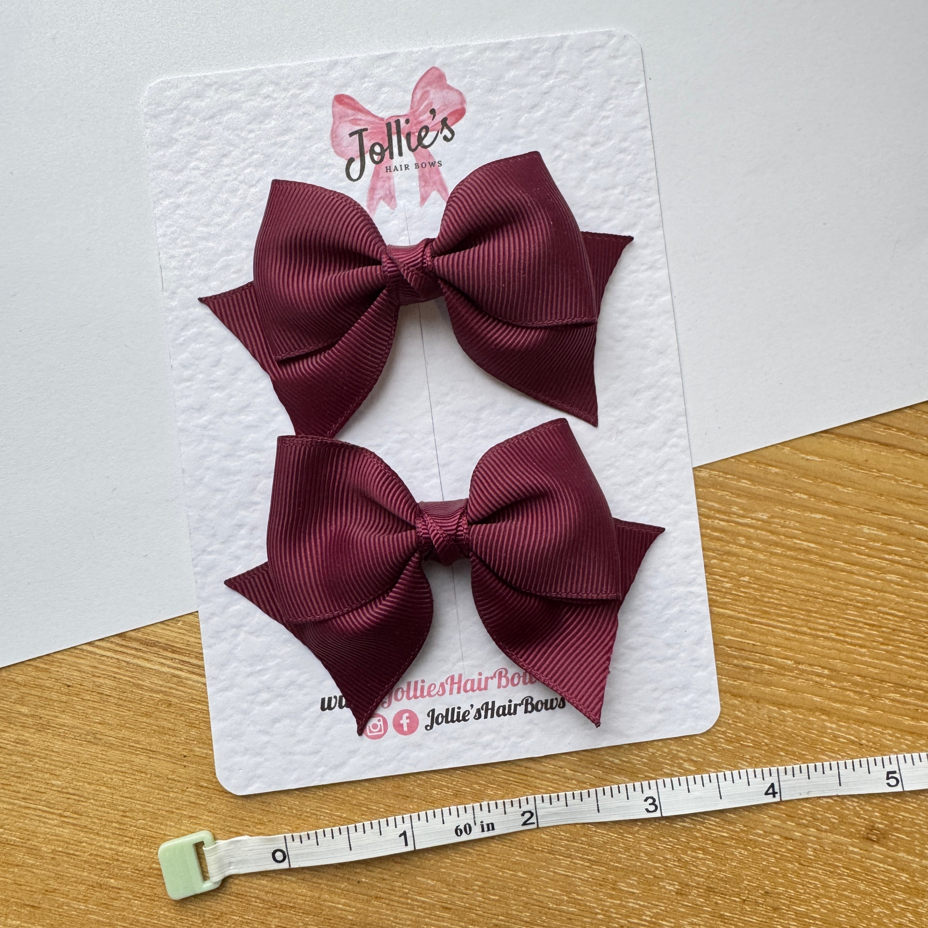 3" Burgundy Layered Pointed-Tail Hair Bow Pair – Grosgrain Ribbon Clips with Teeth