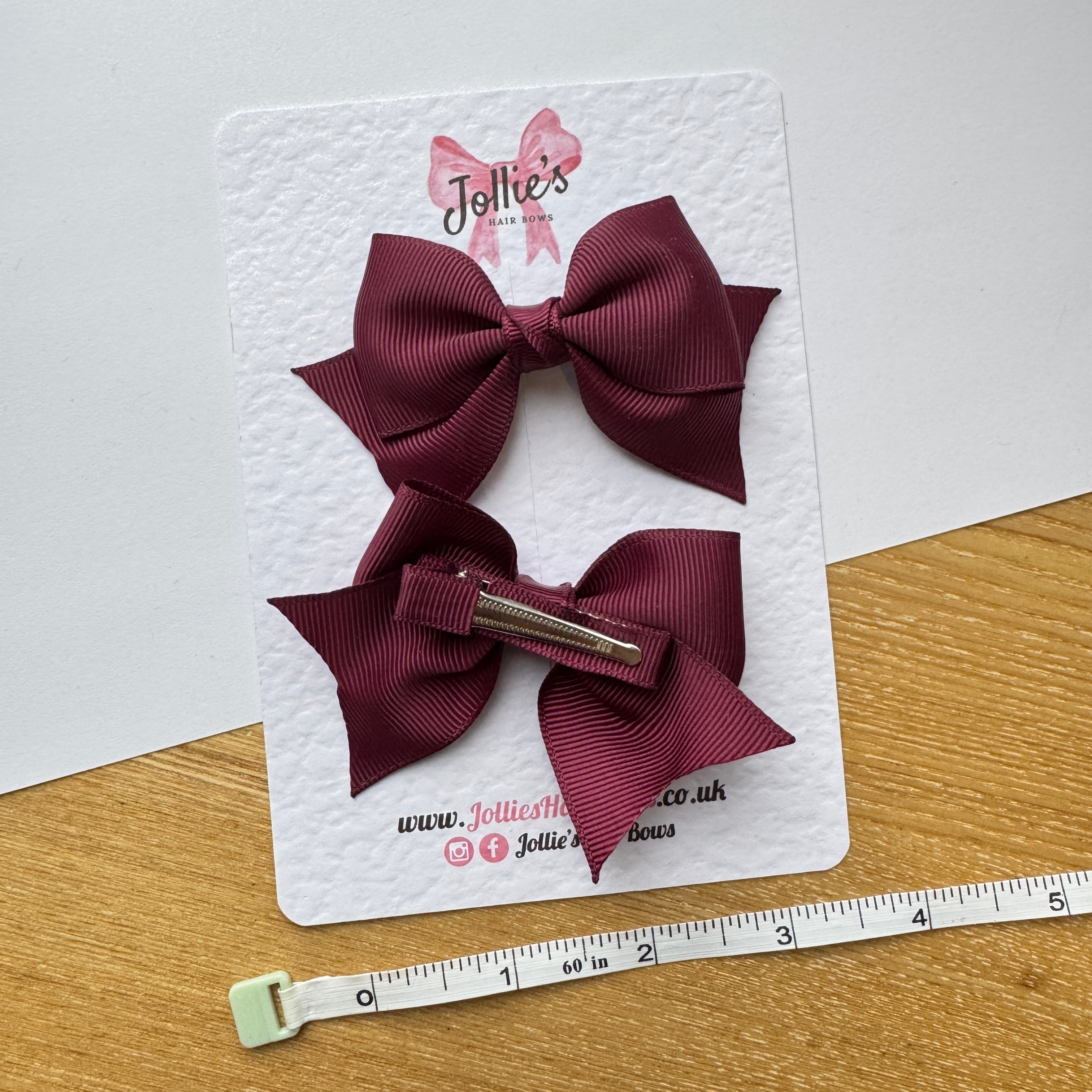 3" Burgundy Layered Pointed-Tail Hair Bow Pair – Grosgrain Ribbon Clips with Teeth