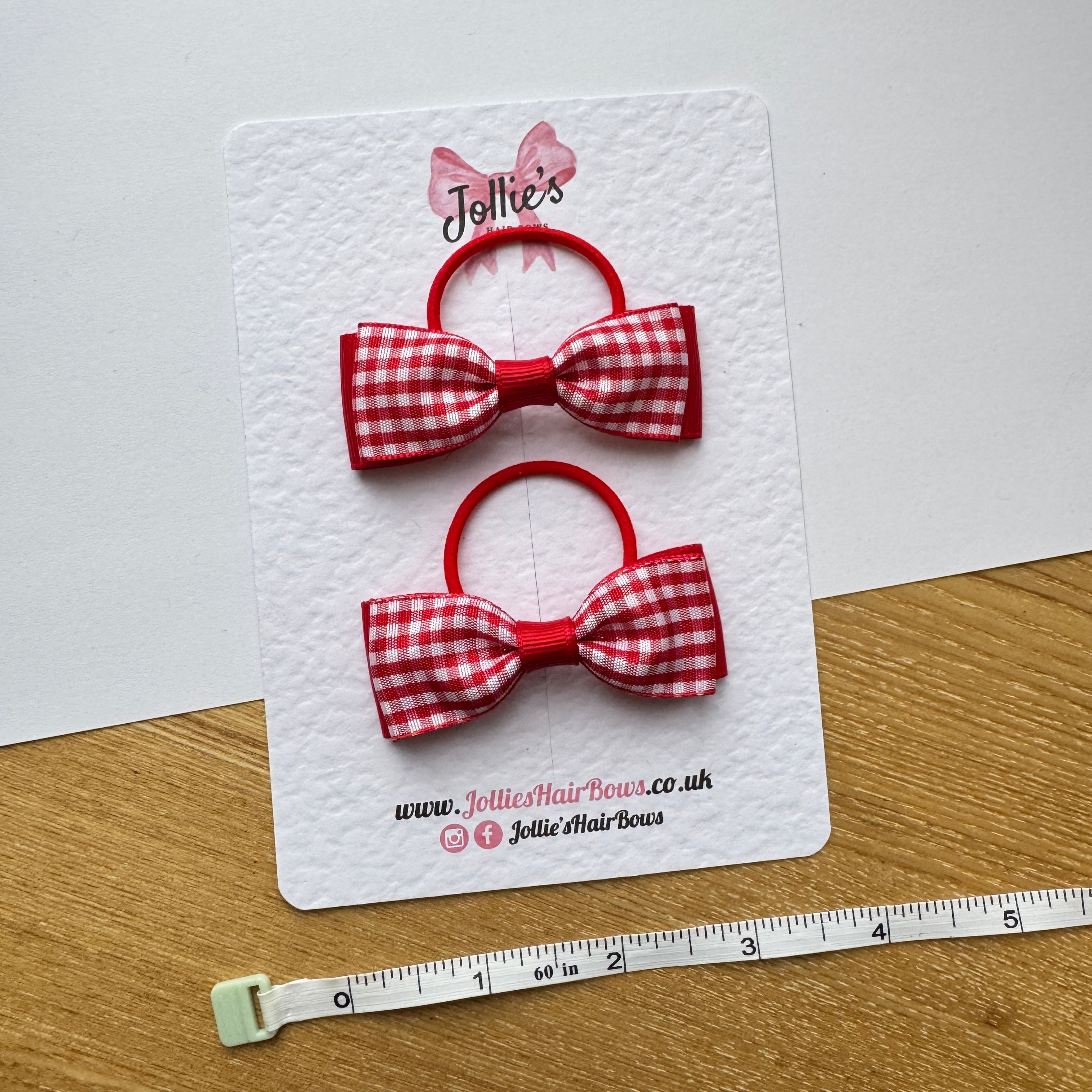 2.5" Red Gingham Hair Bow Pair – Grosgrain Ribbon on Thin Elastic