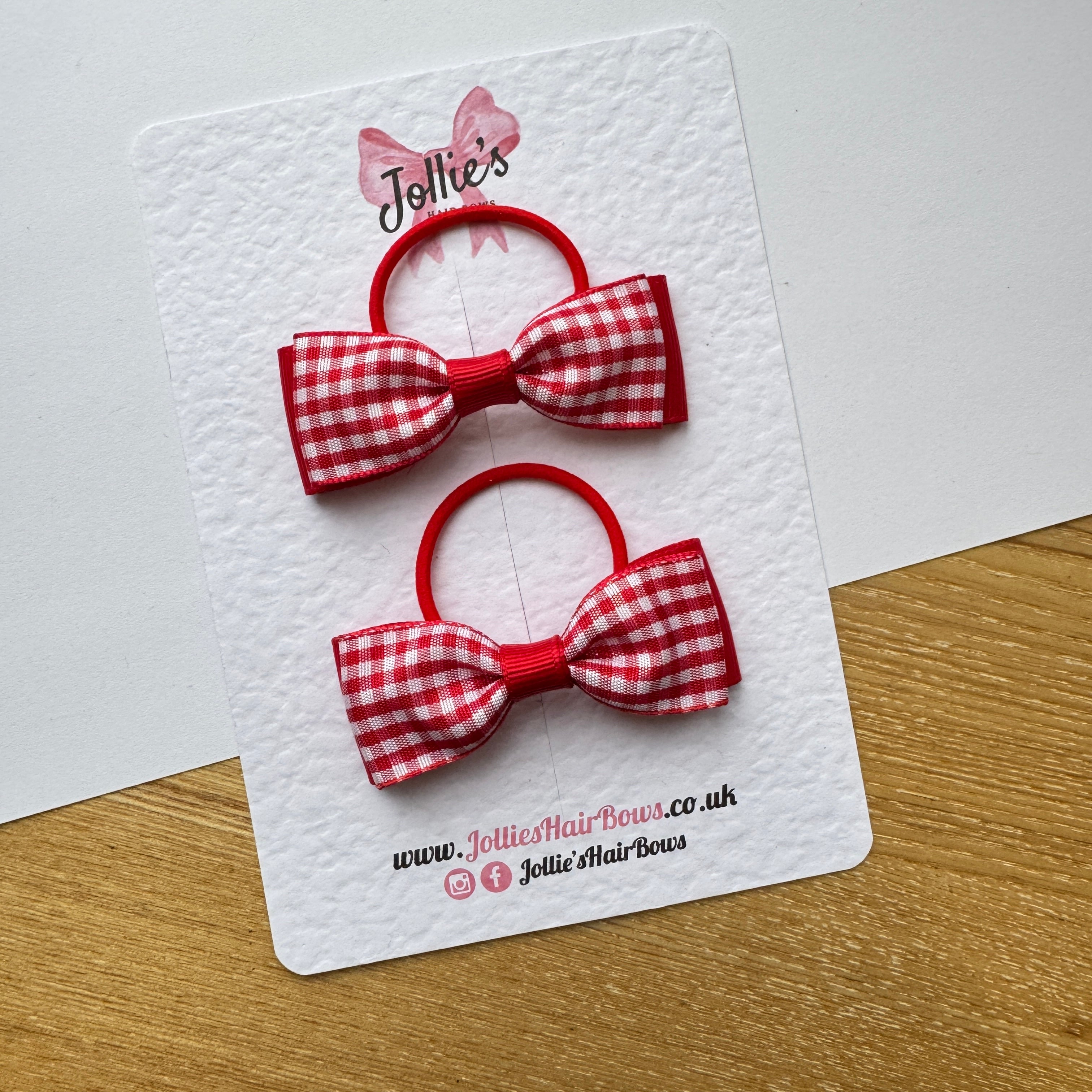 2.5" Red Gingham Hair Bow Pair – Grosgrain Ribbon on Thin Elastic