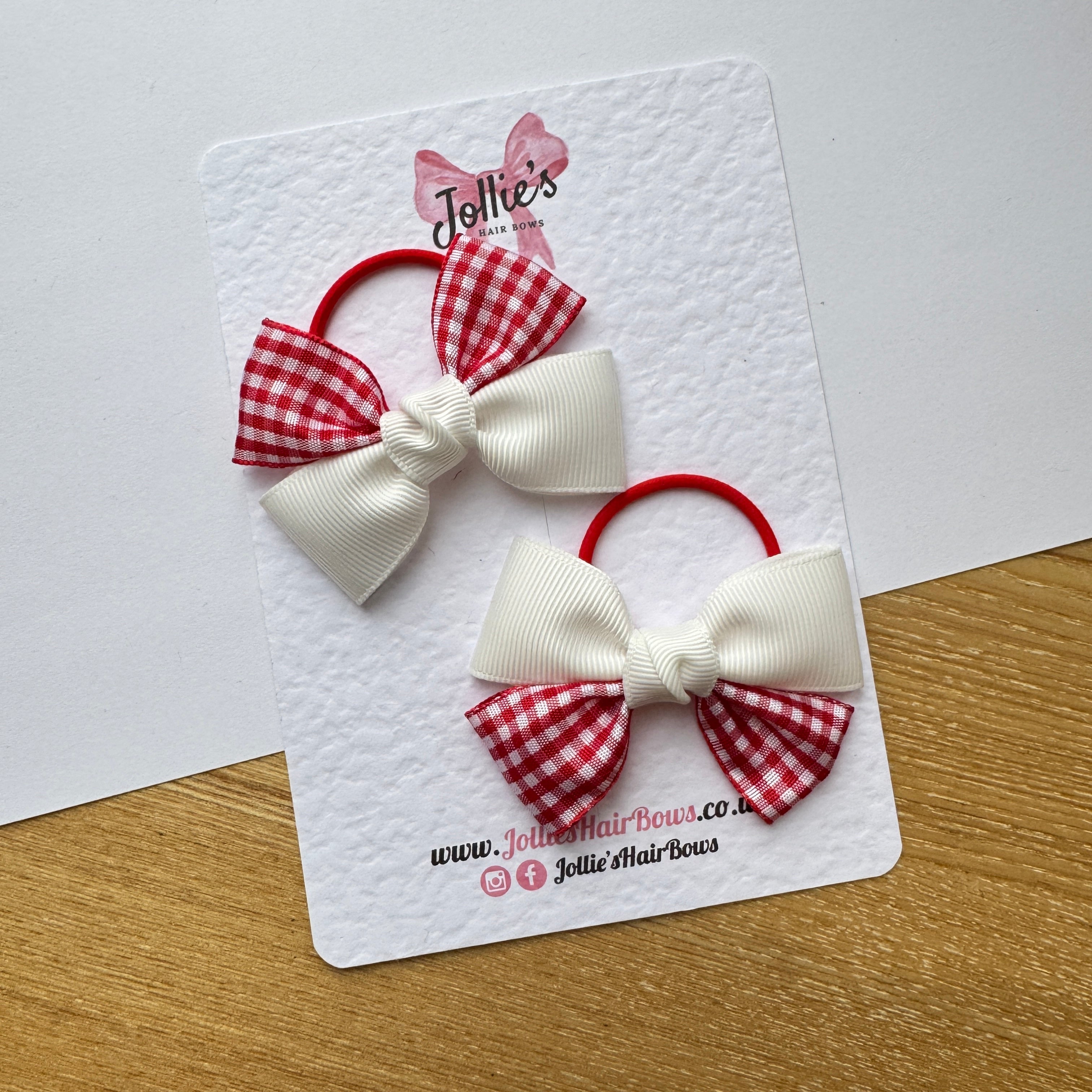 2.5" Red and White Gingham Classic Hair Bow Pair – Grosgrain Ribbon on Thin Elastic