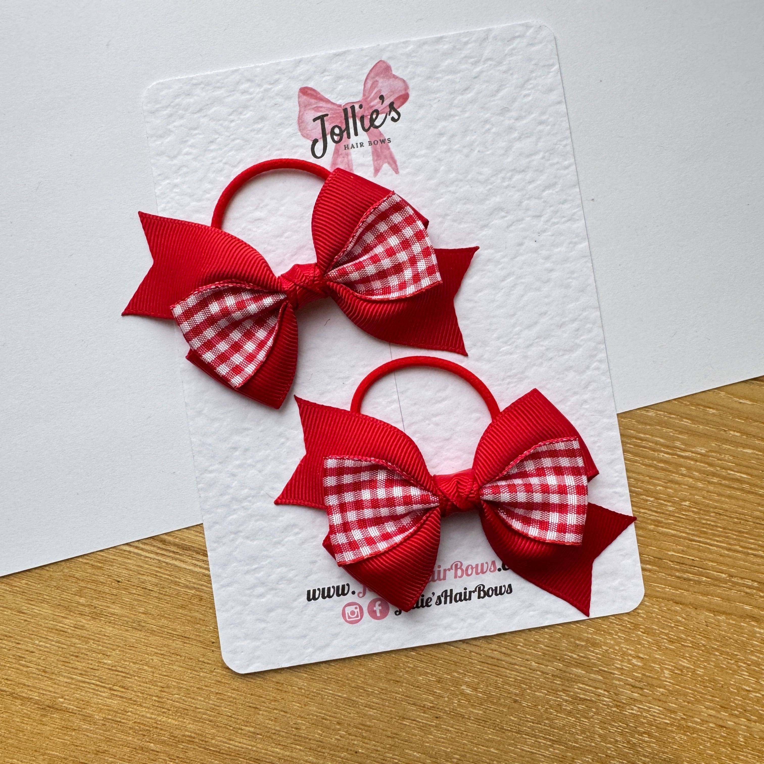3" Red Gingham Tail-End Hair Bow Pair – Grosgrain Ribbon on Thin Elastic