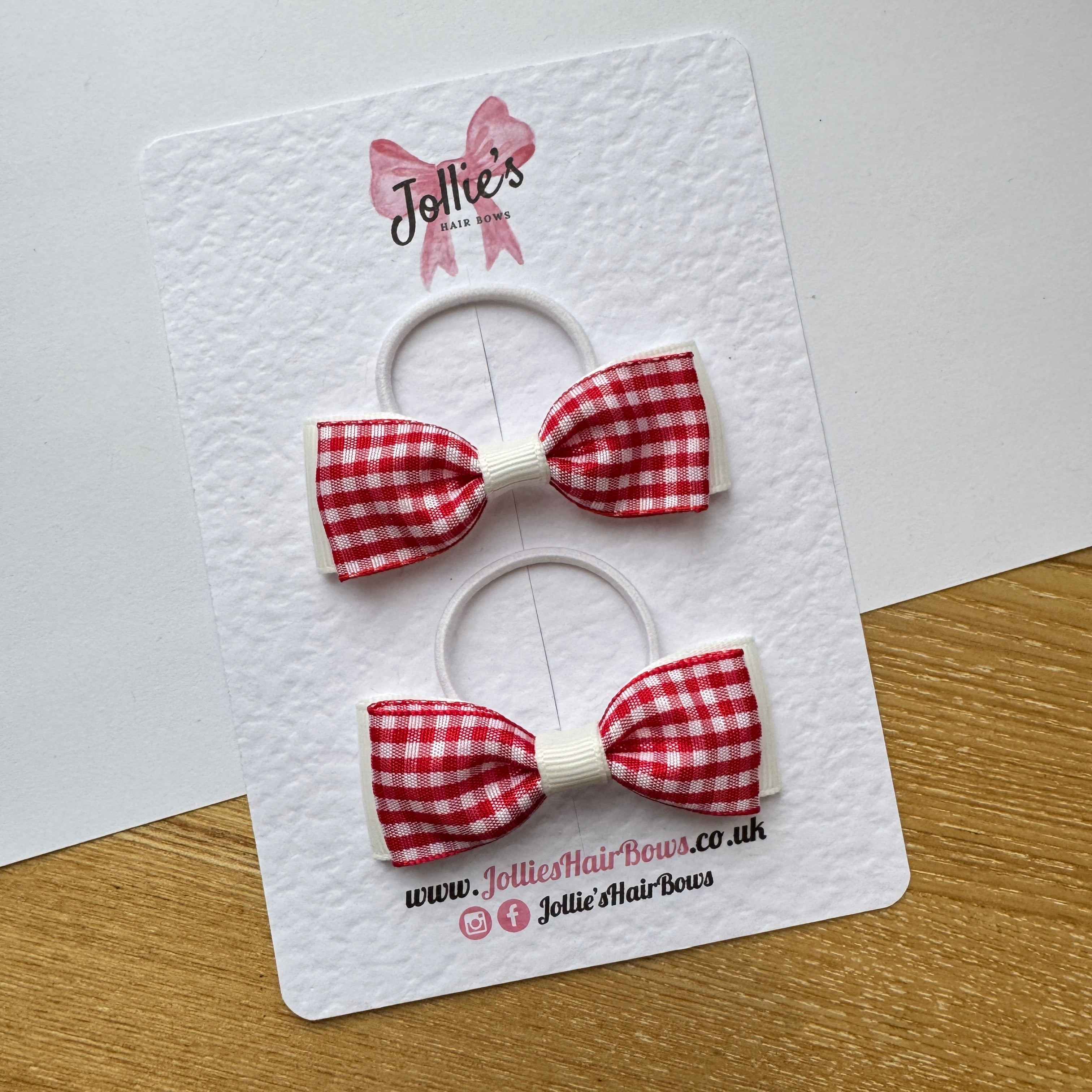 2.5" Red and White Gingham Hair Bow Pair – Grosgrain Ribbon on Thin Elastic