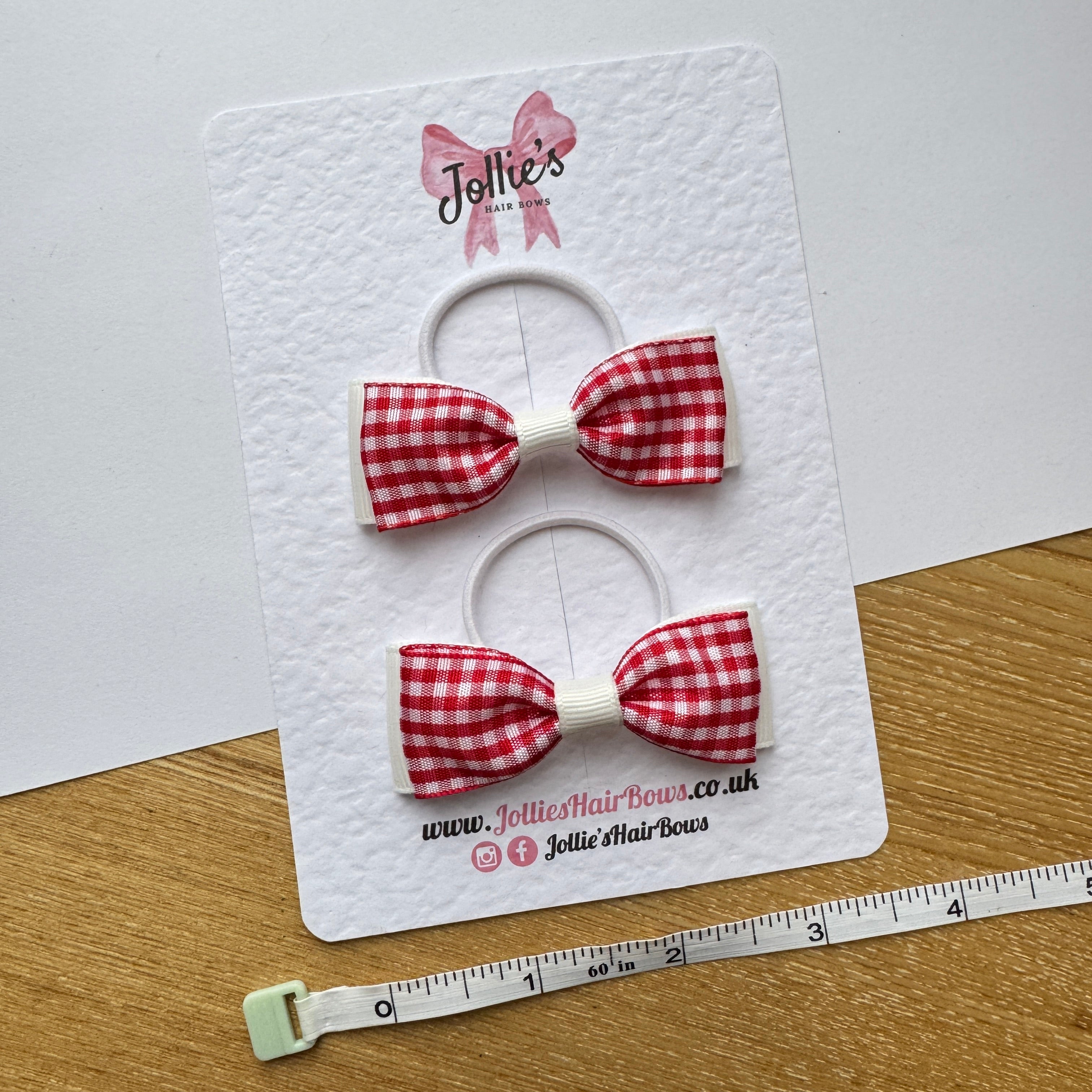 2.5" Red and White Gingham Hair Bow Pair – Grosgrain Ribbon on Thin Elastic