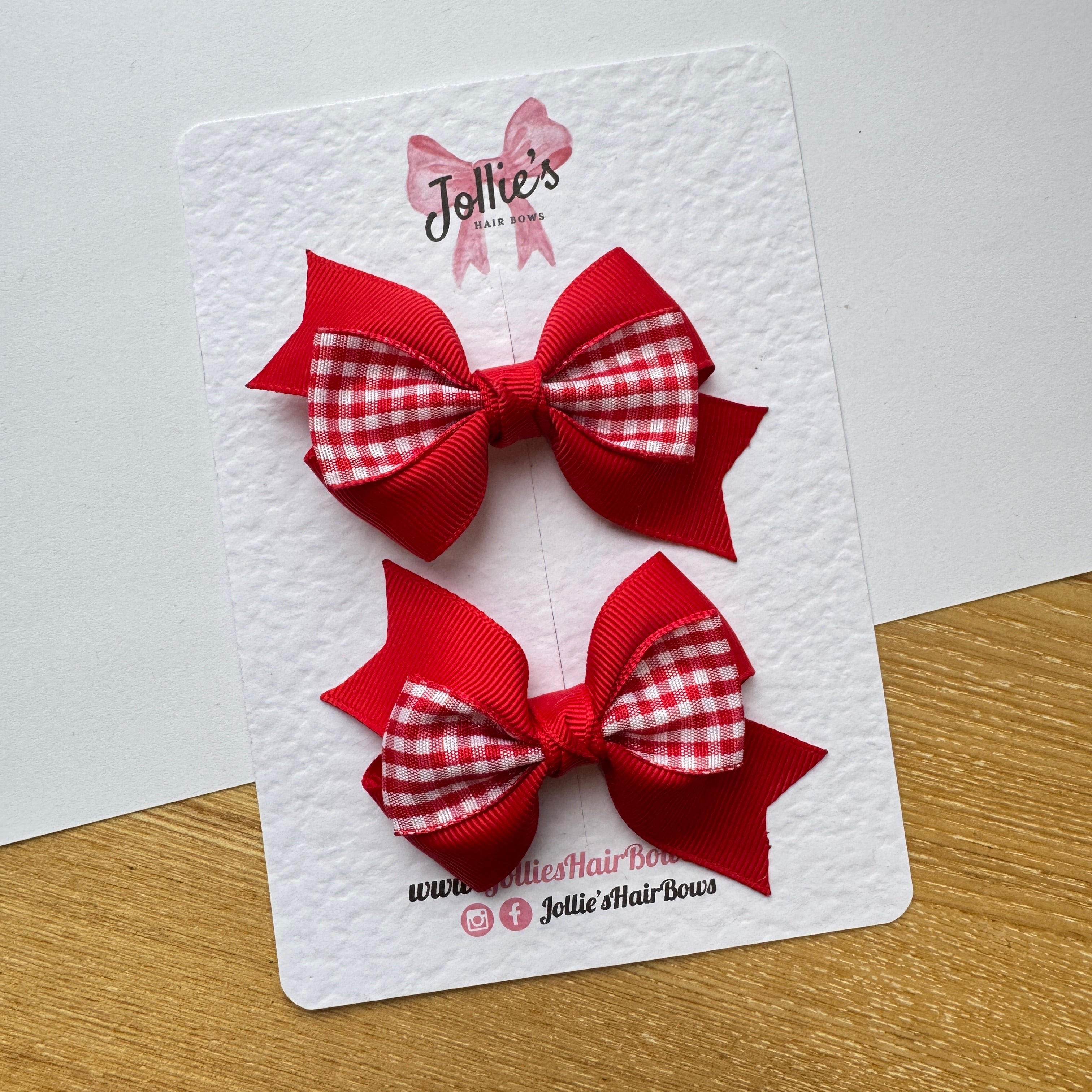 3" Red Gingham Tail-End Hair Bow Pair – Grosgrain Ribbon Clips with Teeth