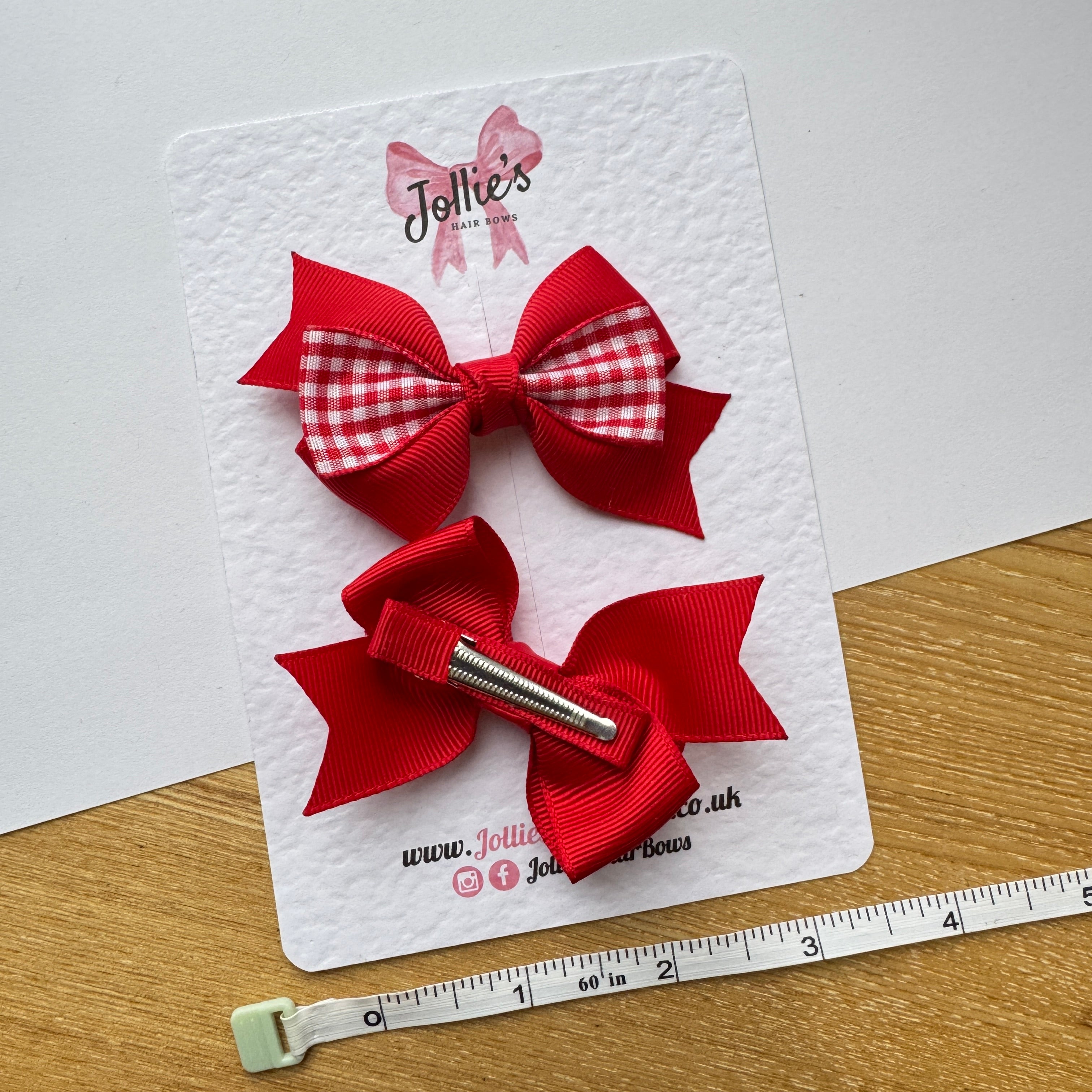 3" Red Gingham Tail-End Hair Bow Pair – Grosgrain Ribbon Clips with Teeth