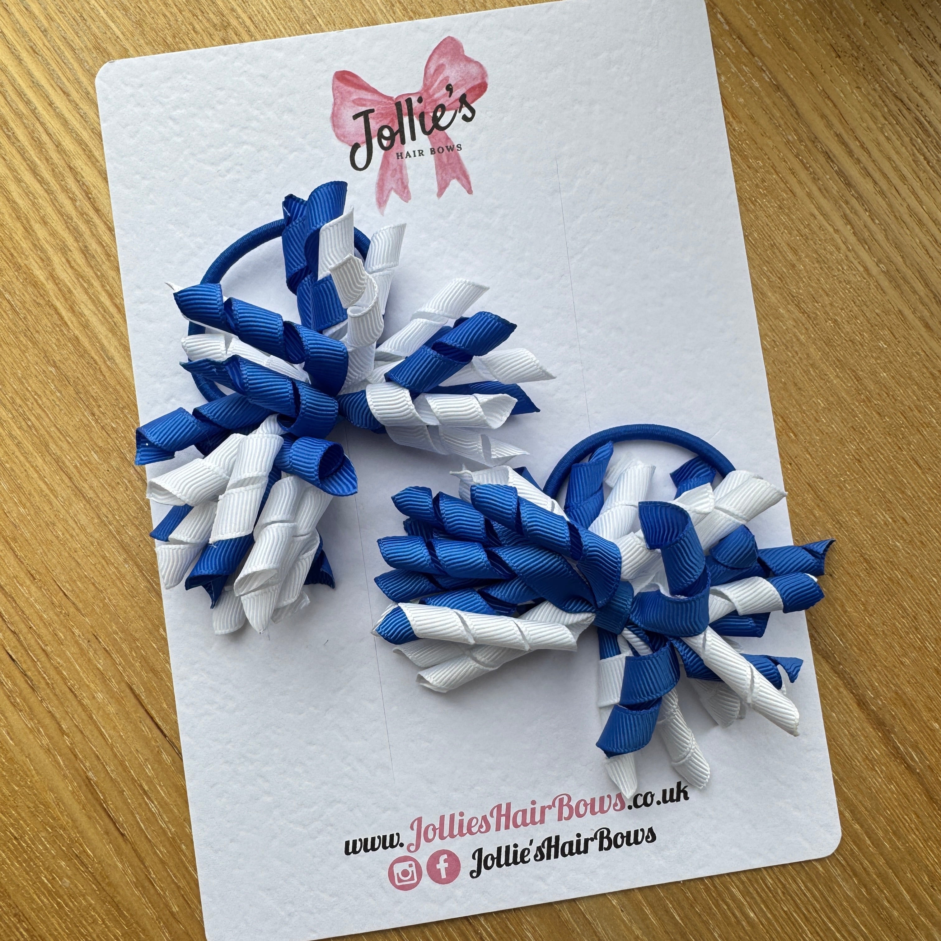 Royal Blue & White 3.5" Corker Hair Bows (Pair) with Thick Elastic Bobbles, Two Tone Grosgrain Ribbon, School Hair Accessories for Girls