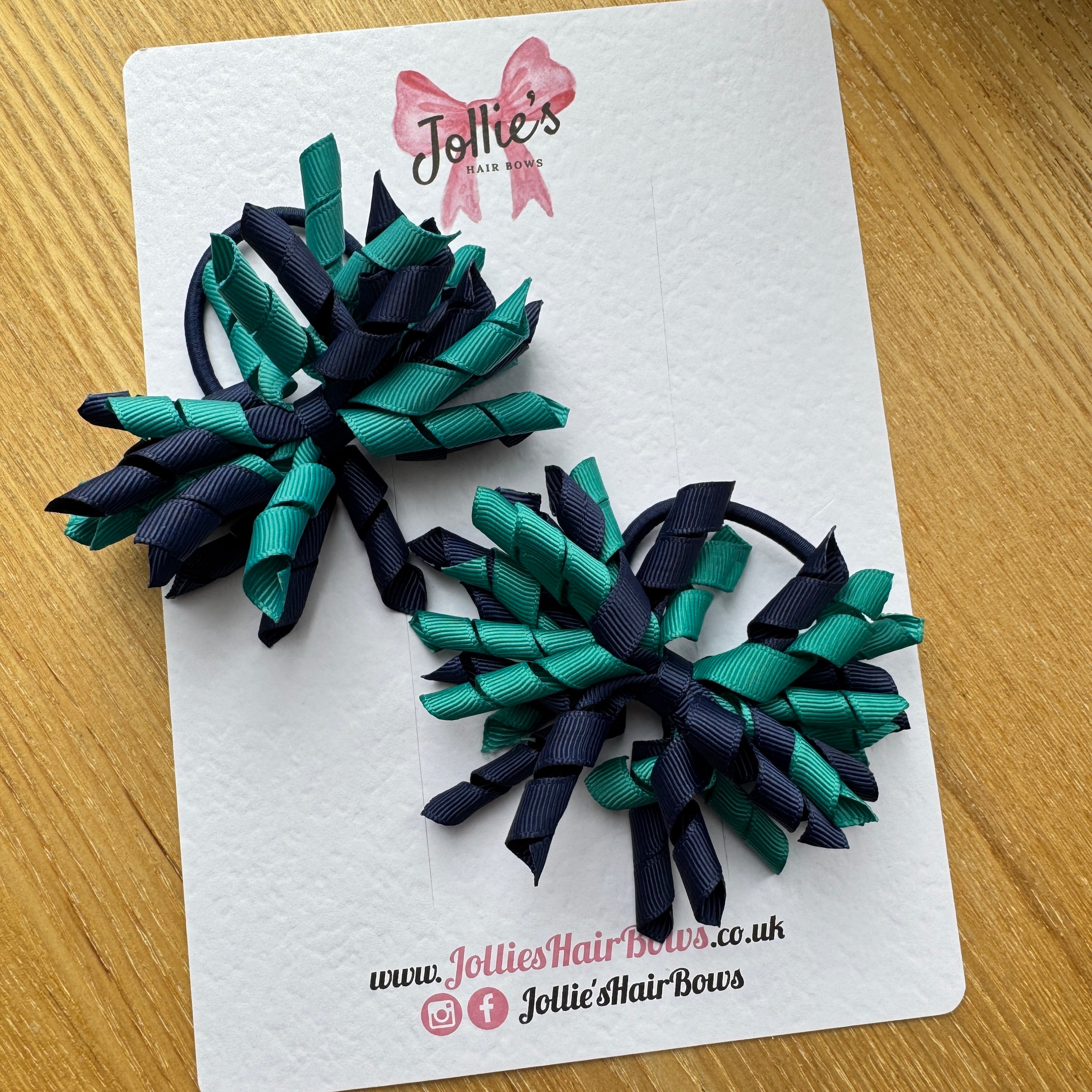 Jade Green & Navy 3.5" Corker Hair Bows (Pair) with Thick Elastic Bobbles, Two Tone Grosgrain Ribbon, School Hair Accessories for Girls