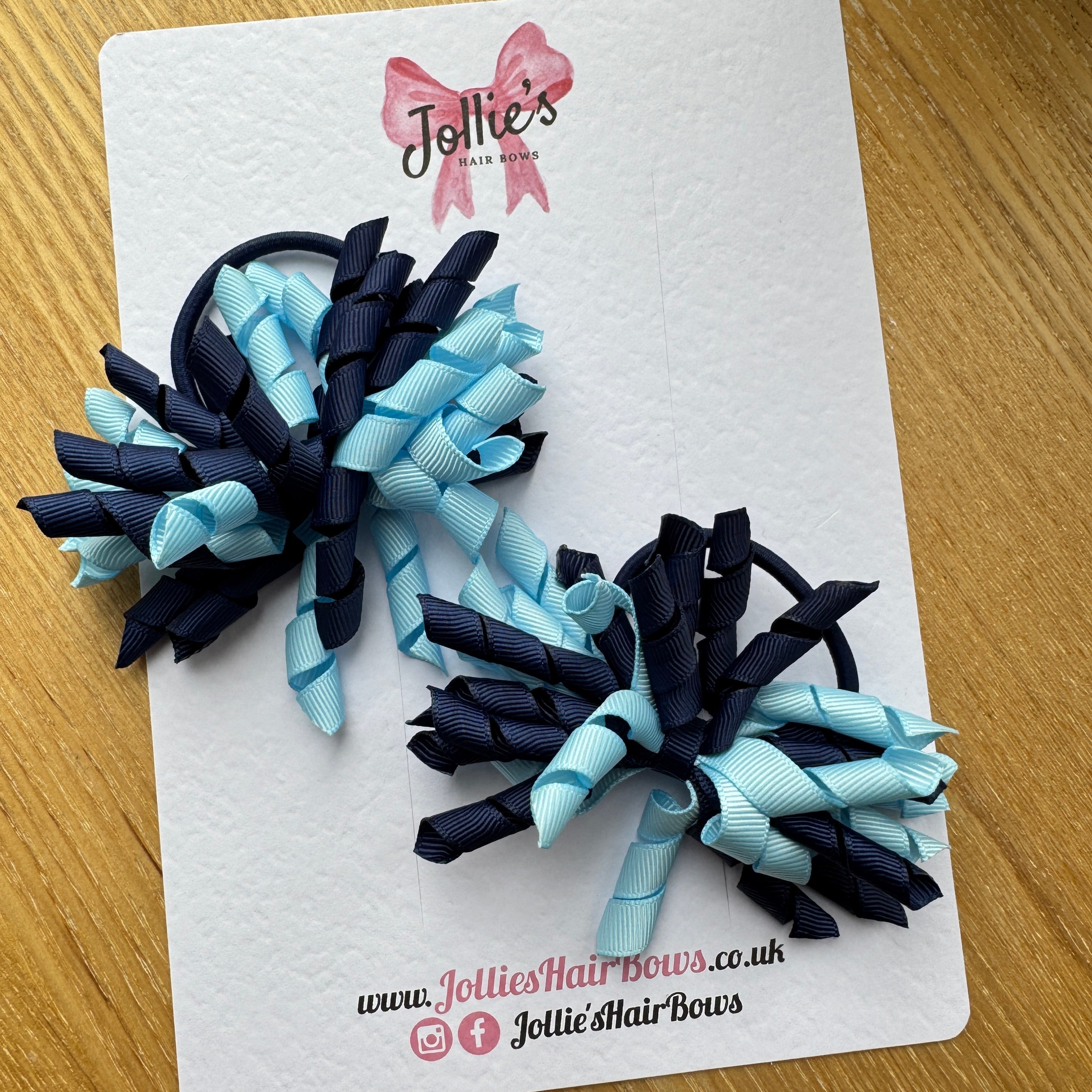 Blue Topaz & Navy 3.5" Corker Hair Bows (Pair) with Thick Elastic Bobbles, Two Tone Grosgrain Ribbon, School Hair Accessories for Girls
