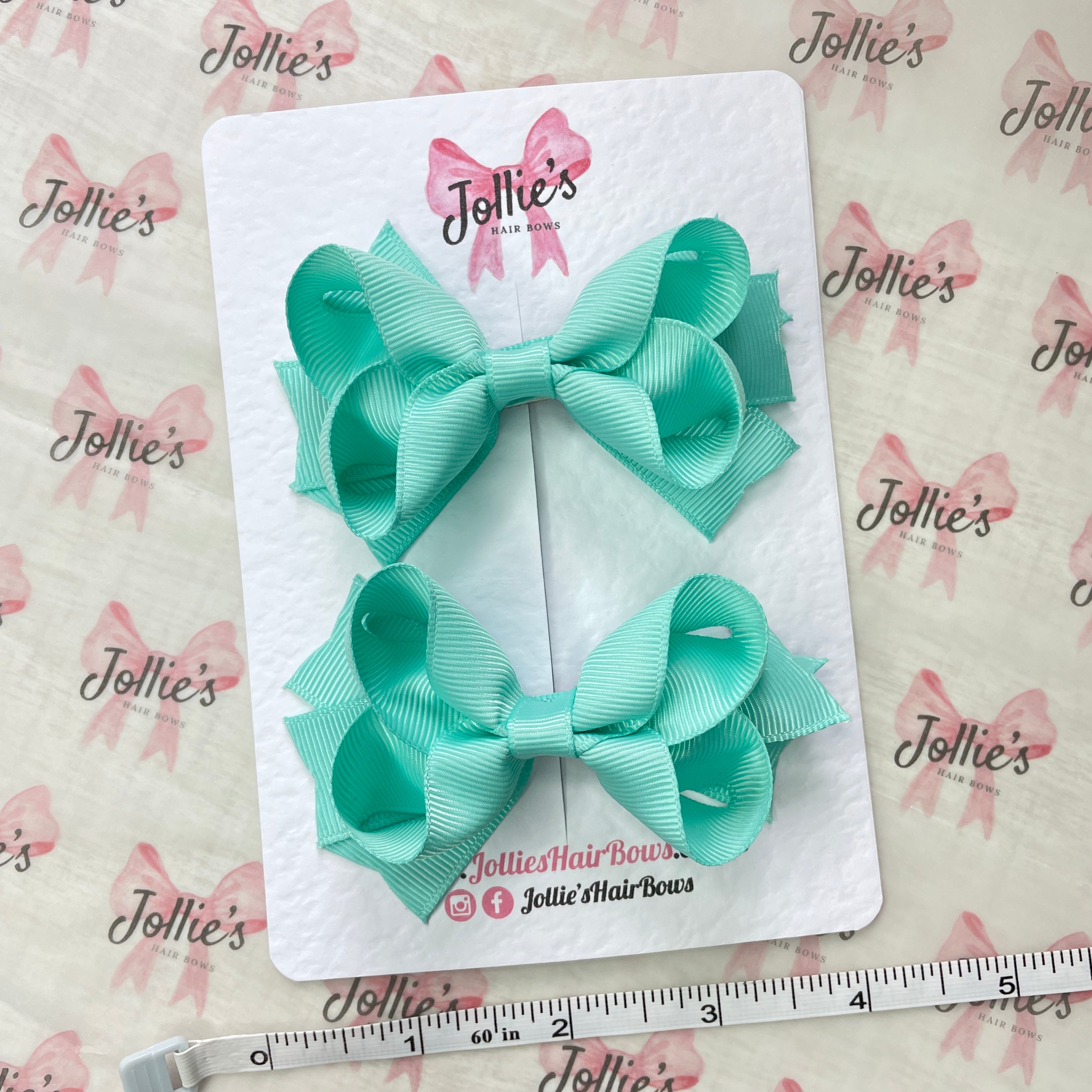 3inch two layers Bow with Clip (pair) - Aqua