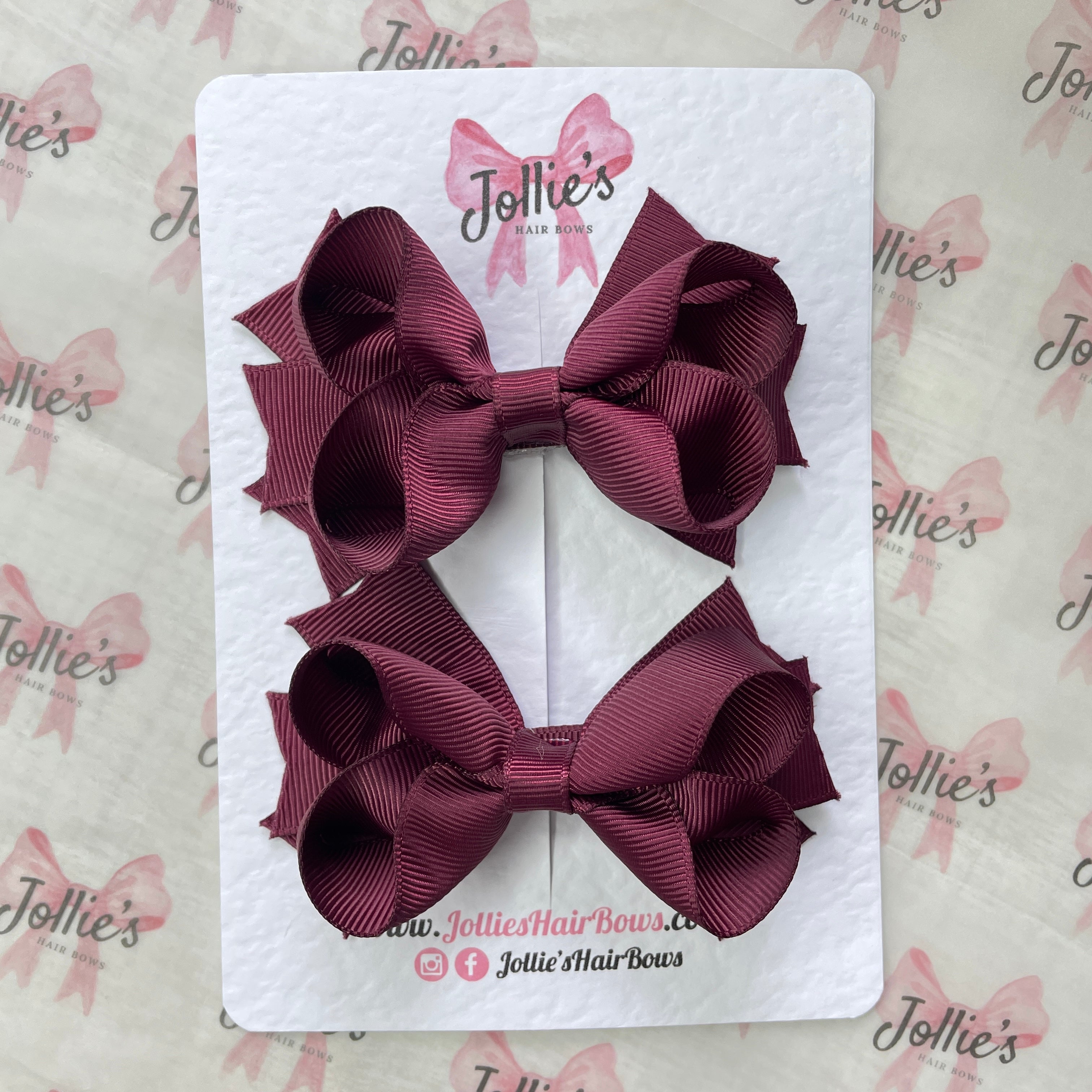 3inch two layers Bow with Clip (pair) - Burgundy