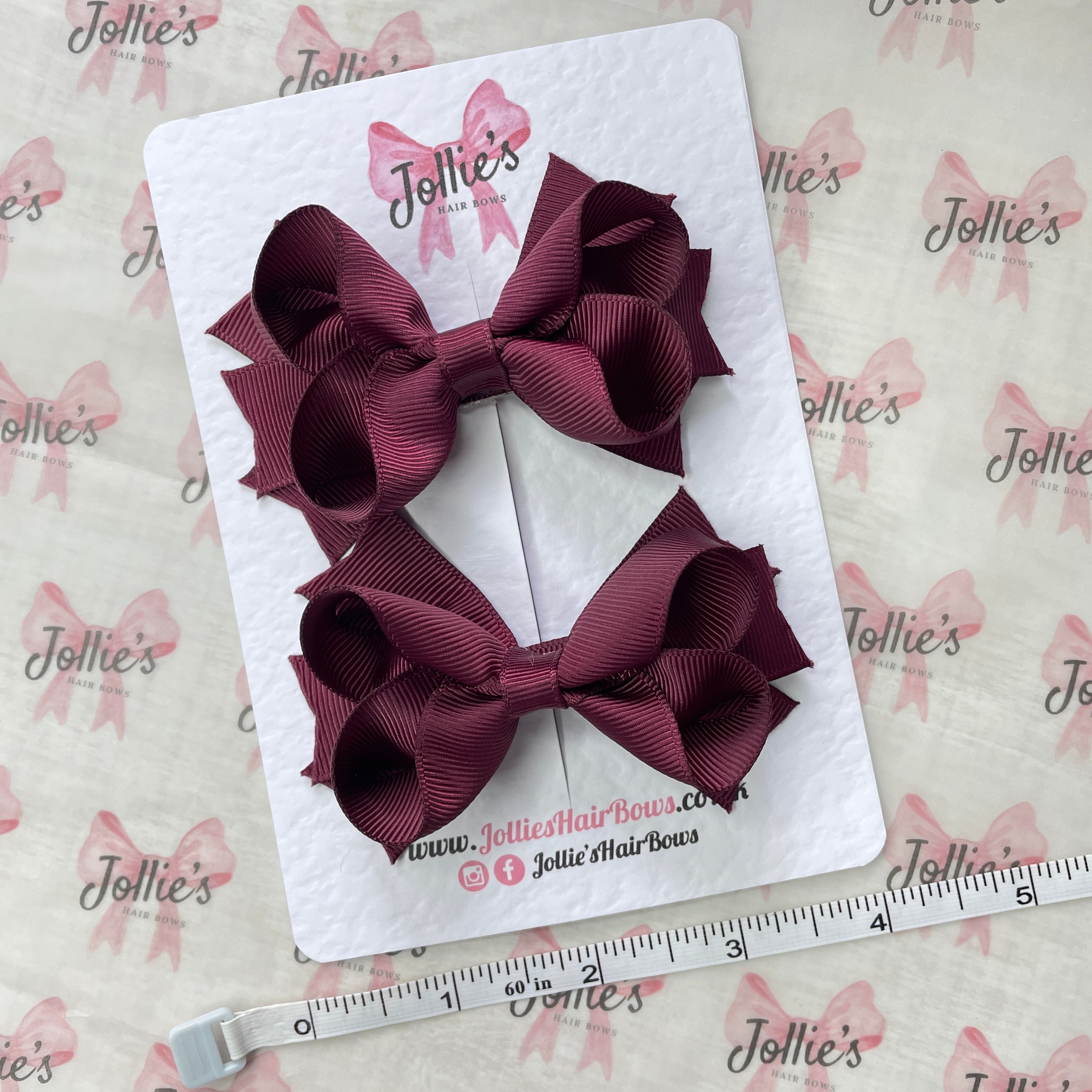 3inch two layers Bow with Clip (pair) - Burgundy