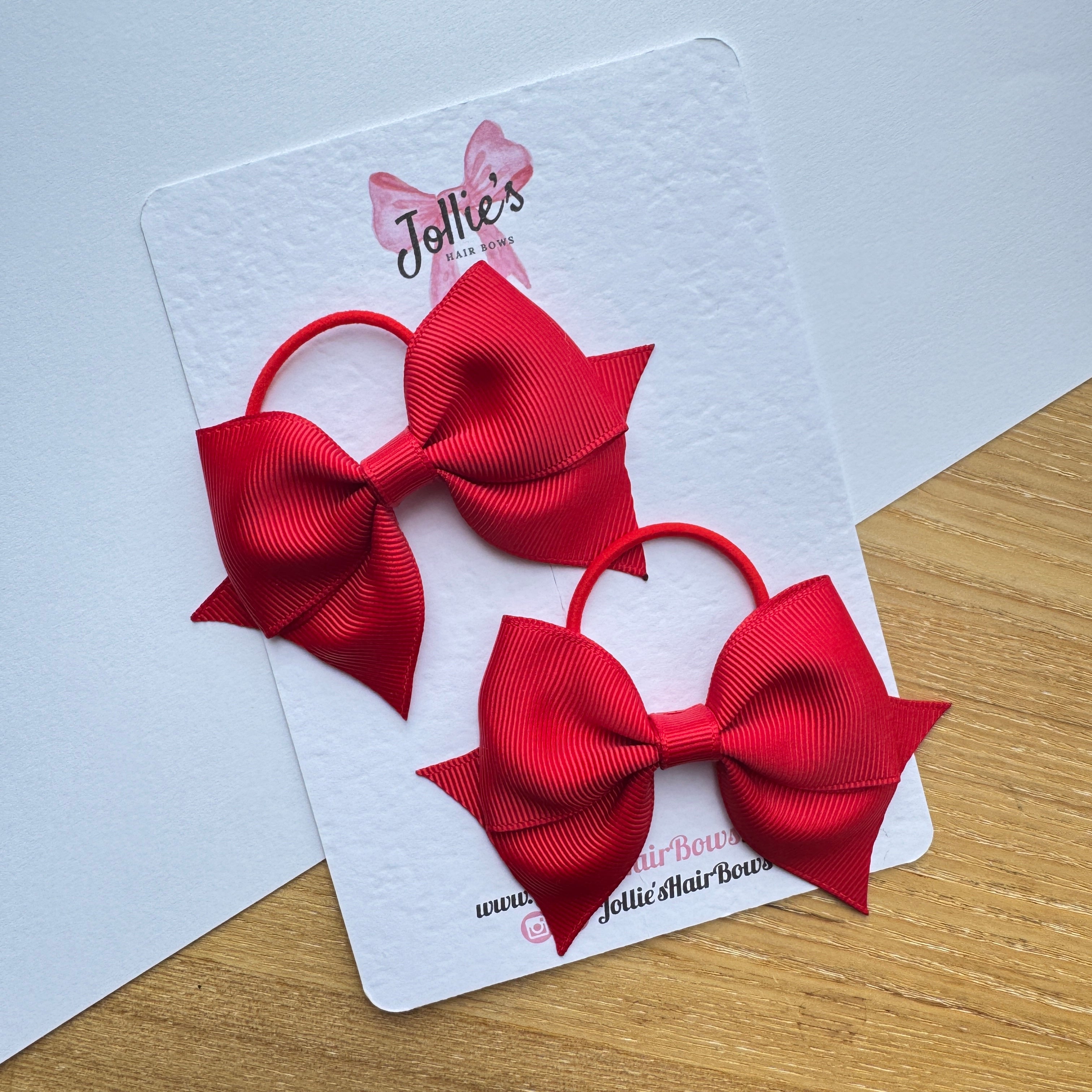 3" Red Layered Pointed-Tail Hair Bow Pair – Thin Elastic Bobbles, Grosgrain Ribbon
