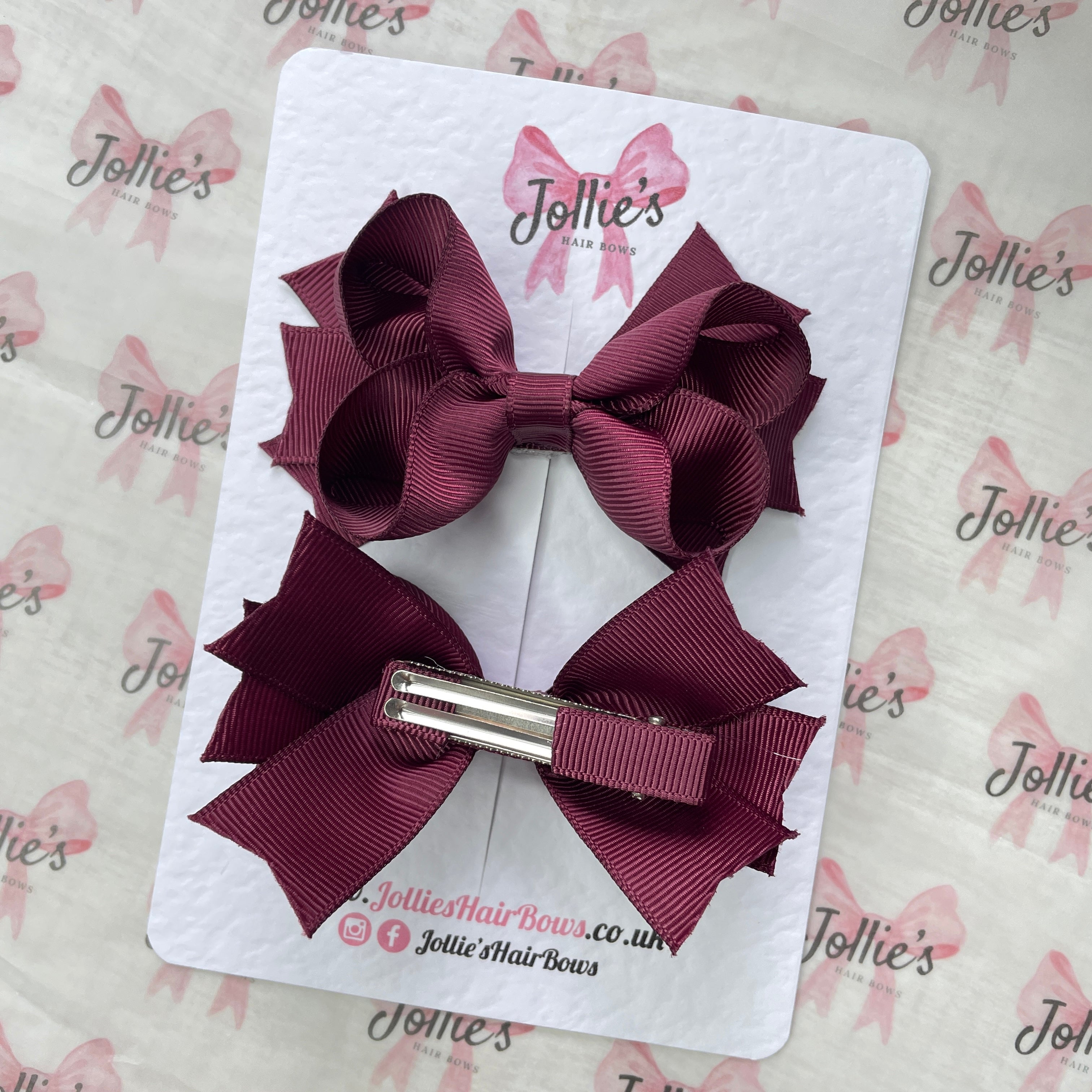 3inch two layers Bow with Clip (pair) - Burgundy