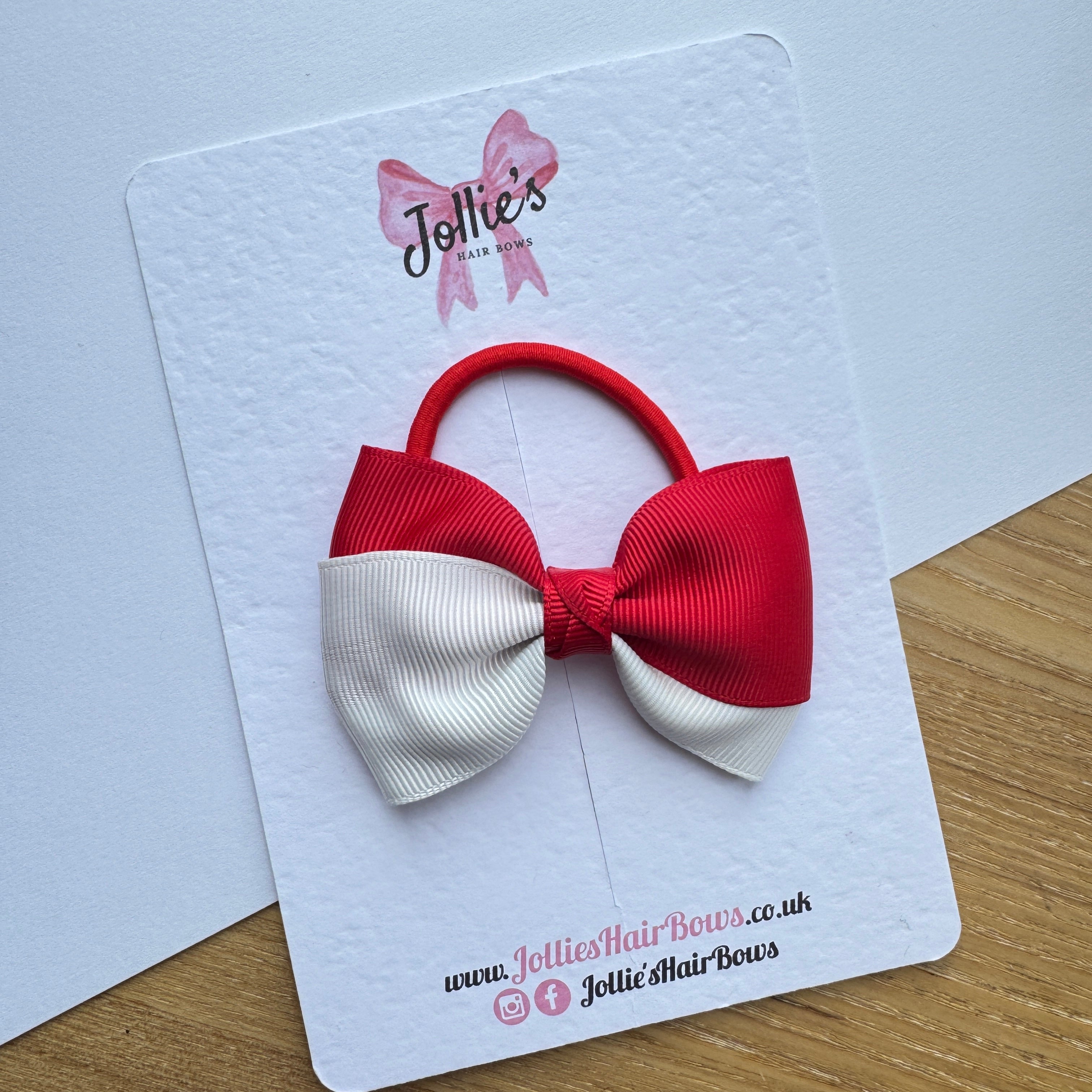 3.2" Red & White Hair Bow – Grosgrain Ribbon Thick Elastic Bobble