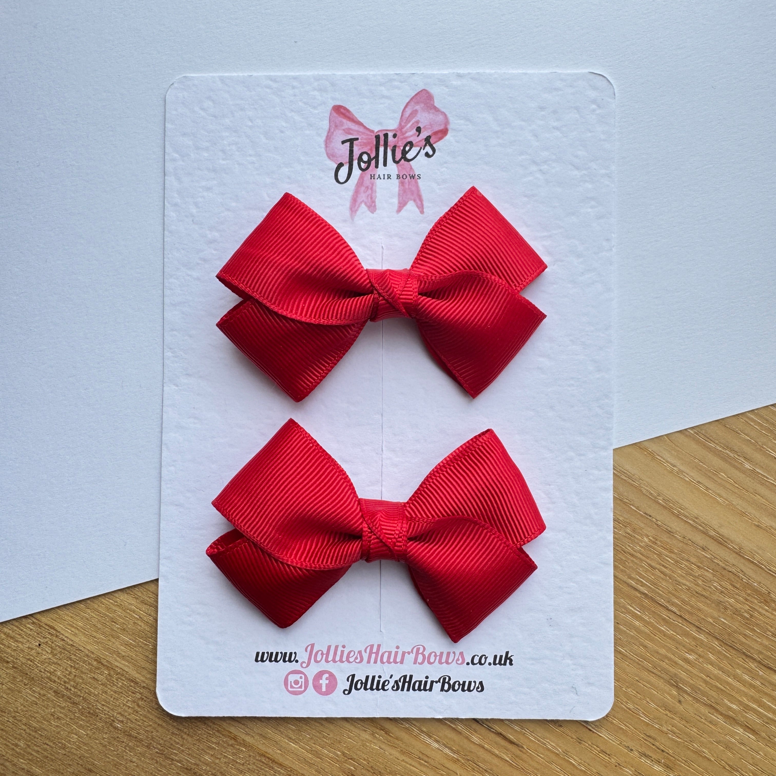 3" Red Twisty Hair Bow Pair – Grosgrain Ribbon Clips with Teeth