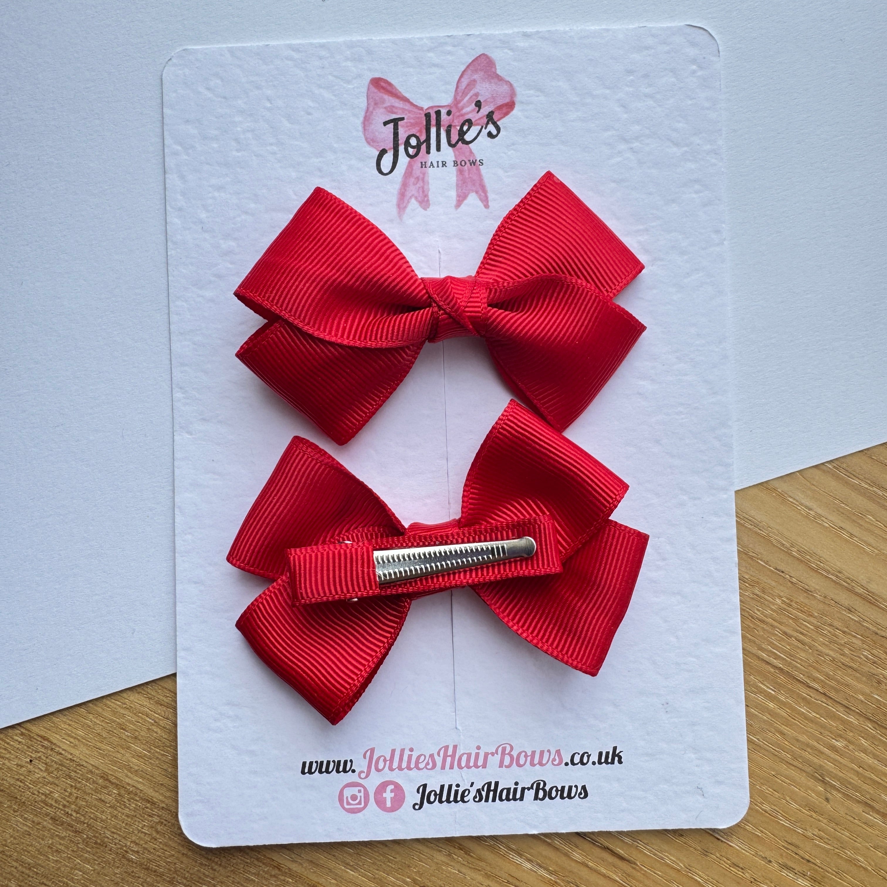 3" Red Twisty Hair Bow Pair – Grosgrain Ribbon Clips with Teeth