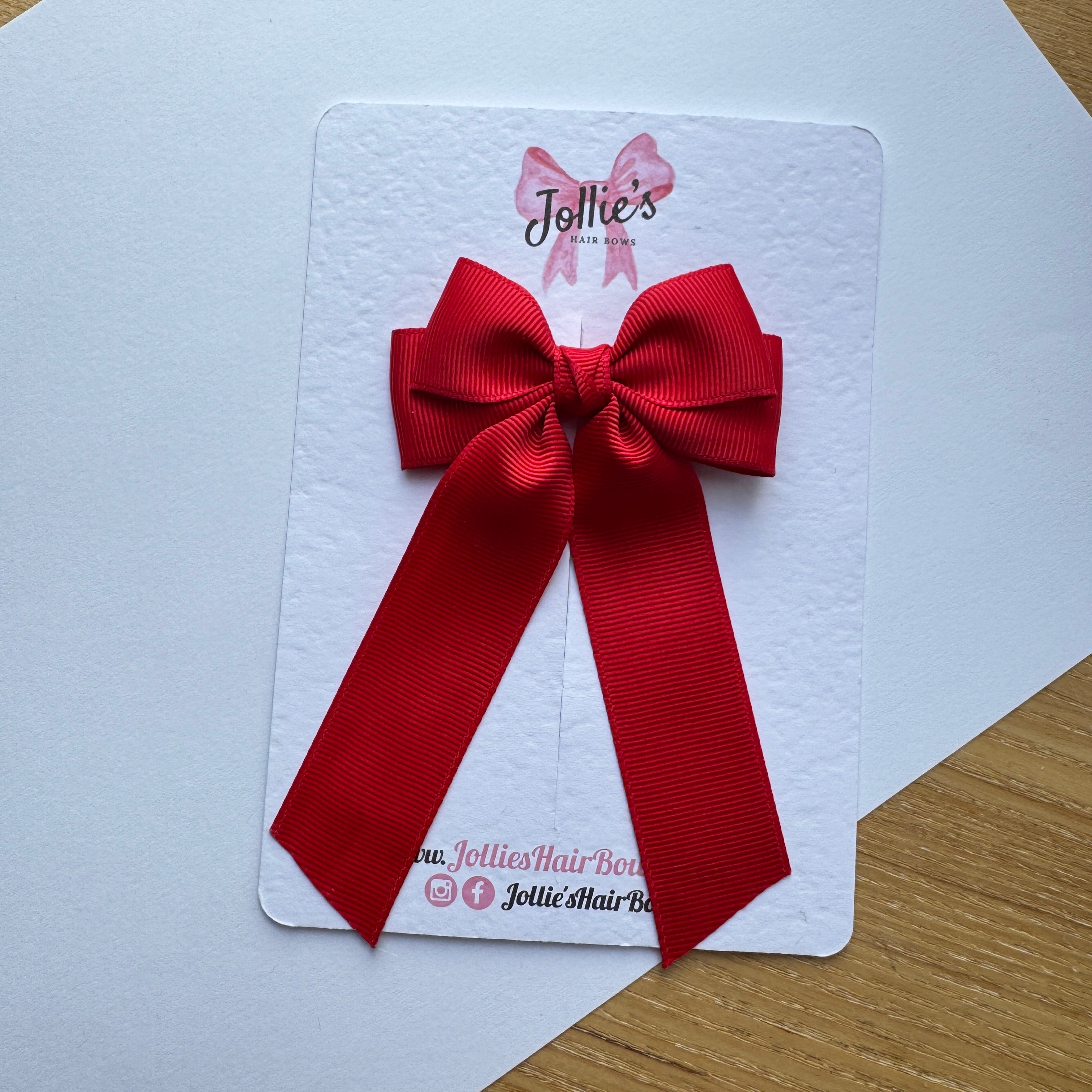 3" Red Ribbon Tail Hair Bow – Grosgrain Ribbon Clip with Teeth