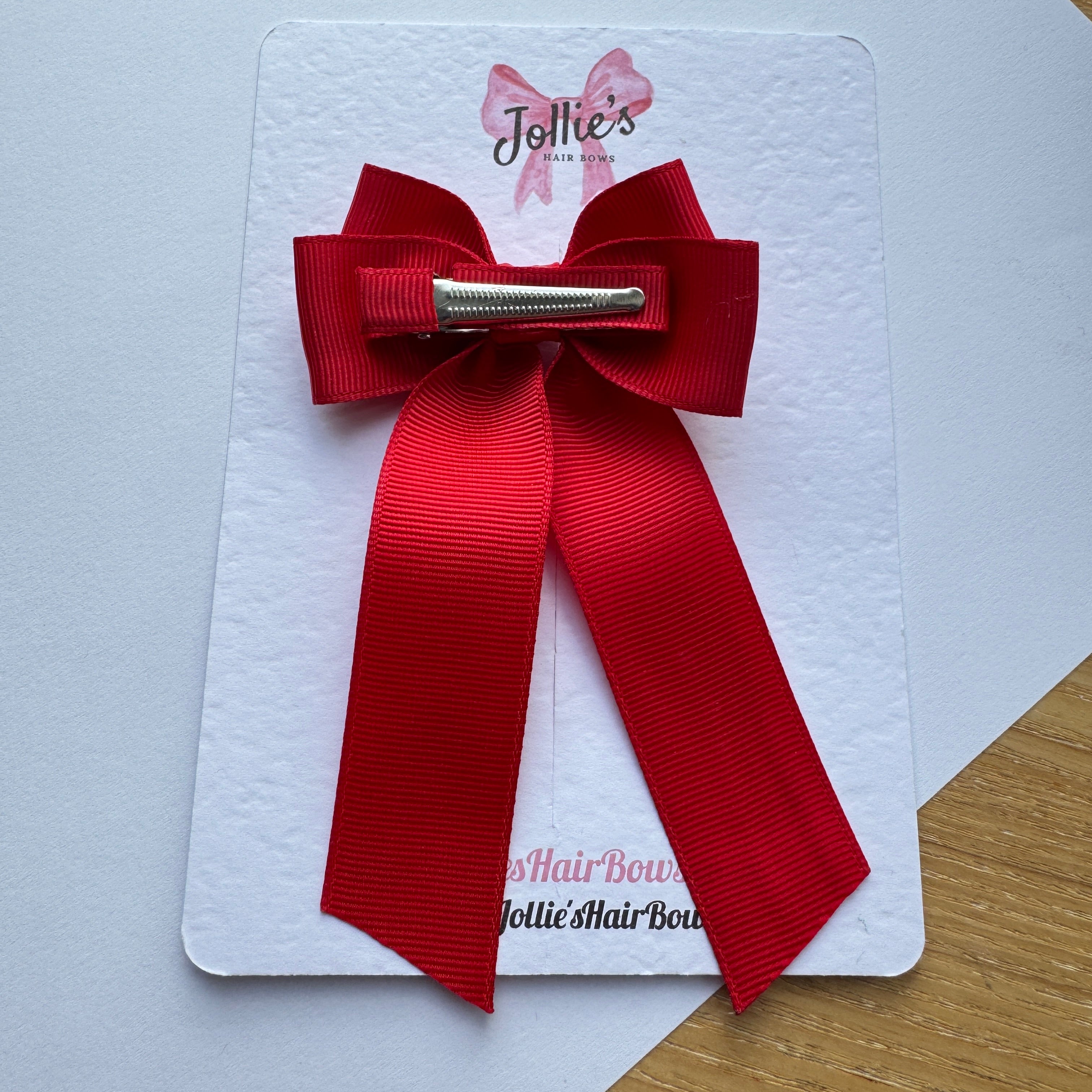 3" Red Ribbon Tail Hair Bow – Grosgrain Ribbon Clip with Teeth