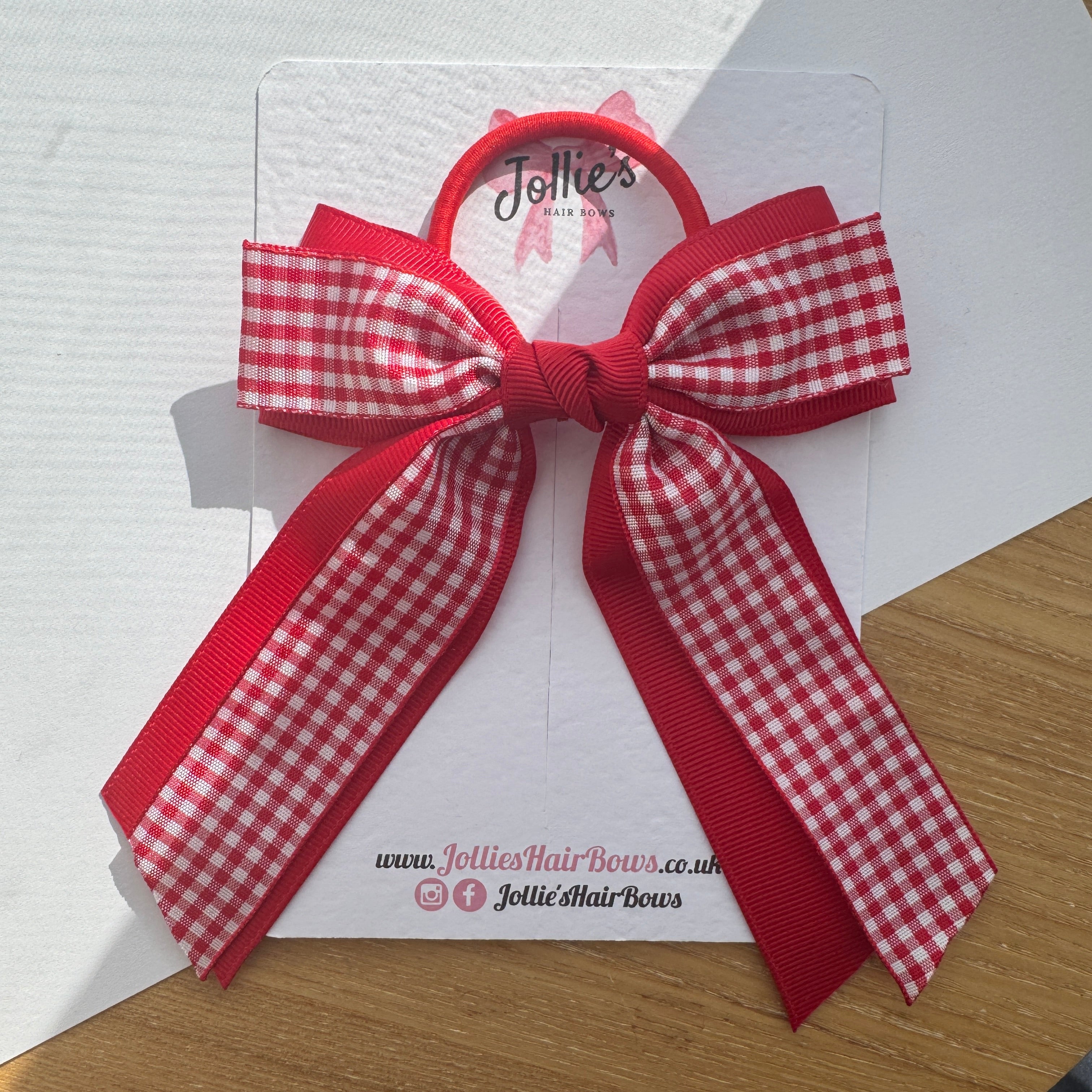 4.5" Red Gingham Ribbon Tail Hair Bow – Grosgrain Ribbon Thick Elastic Bobble