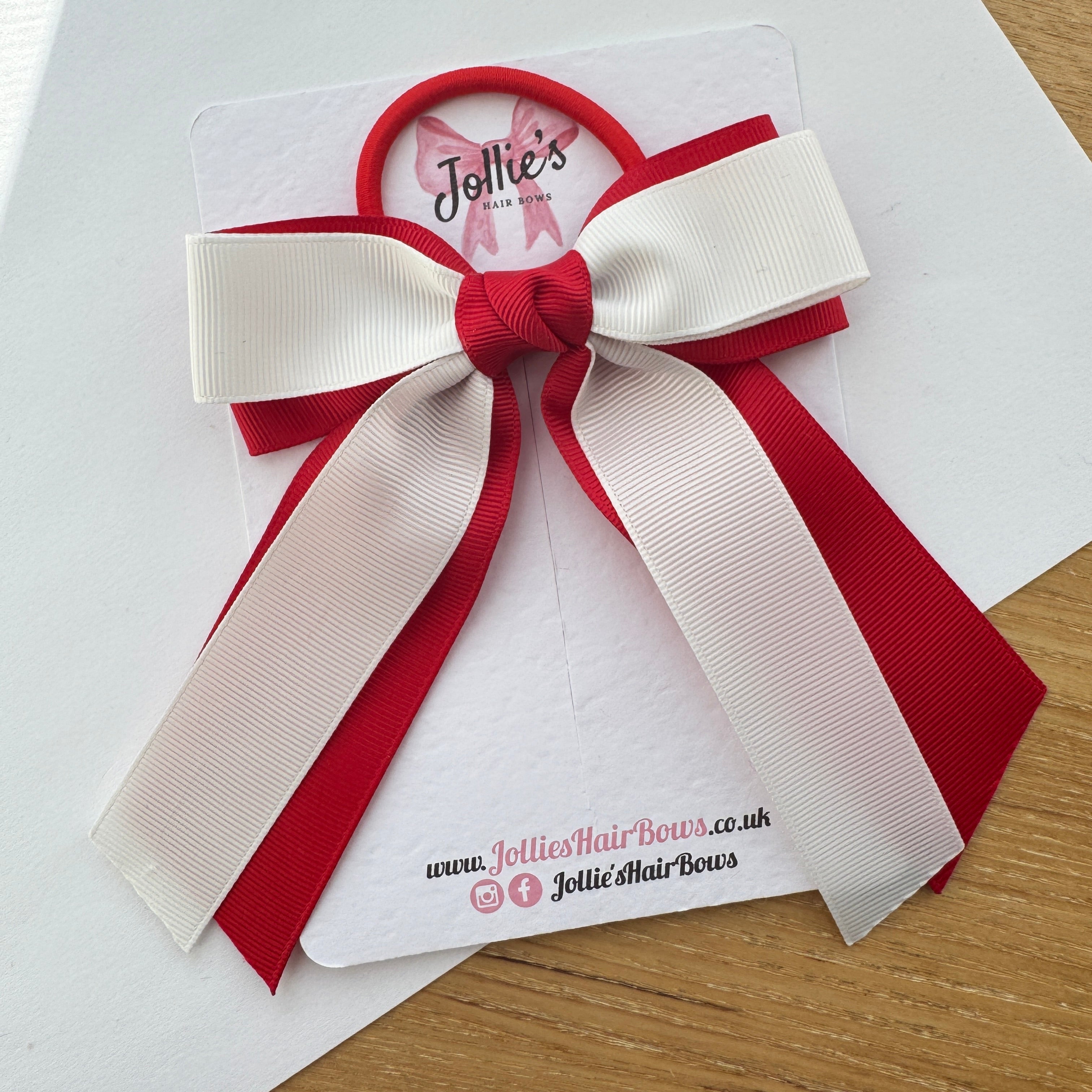 4.5" Red & White Ribbon Tail Hair Bow – Grosgrain Ribbon Thick Elastic Bobble