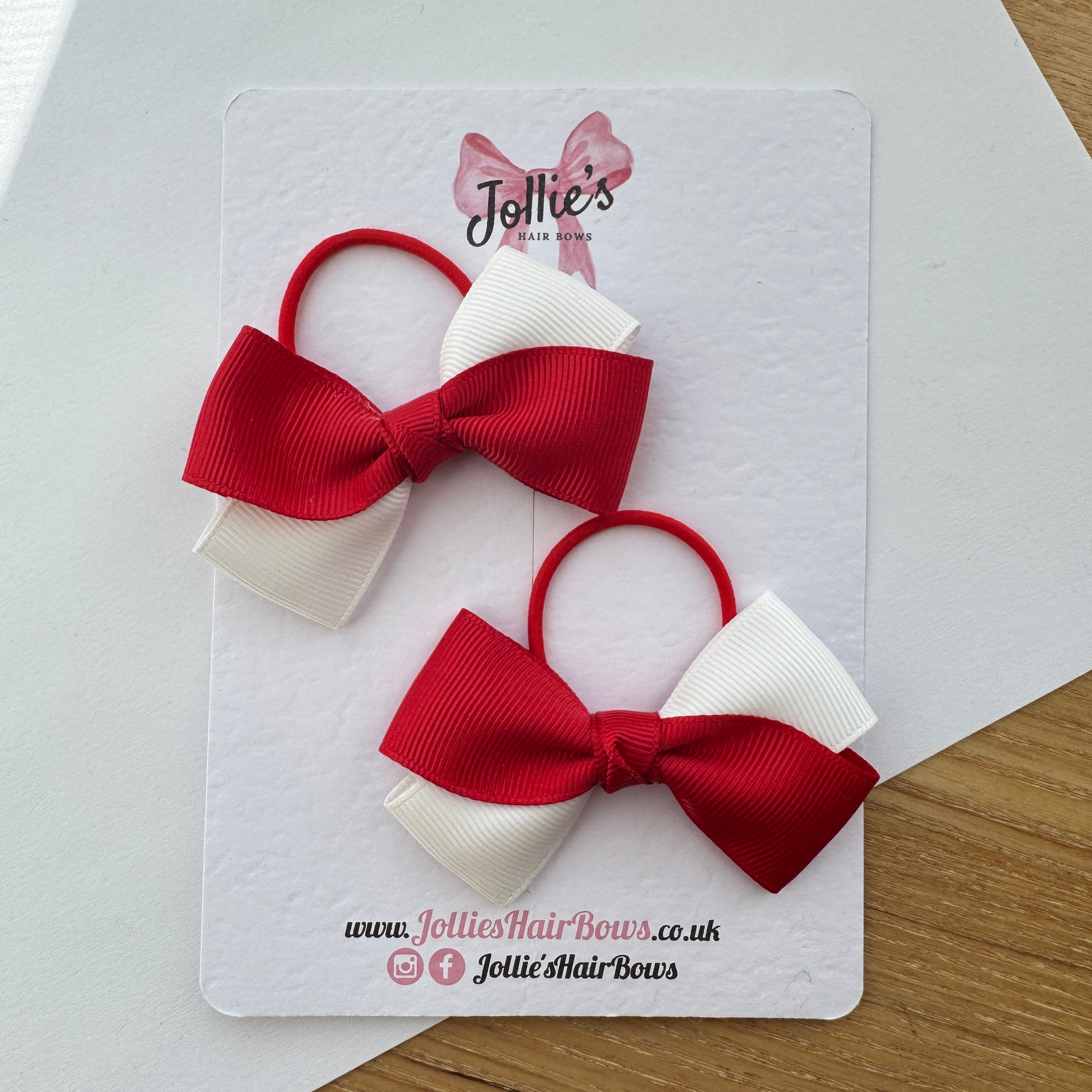 3" Red & White Twisty Hair Bow Pair – Grosgrain Ribbon on Thin Elastic