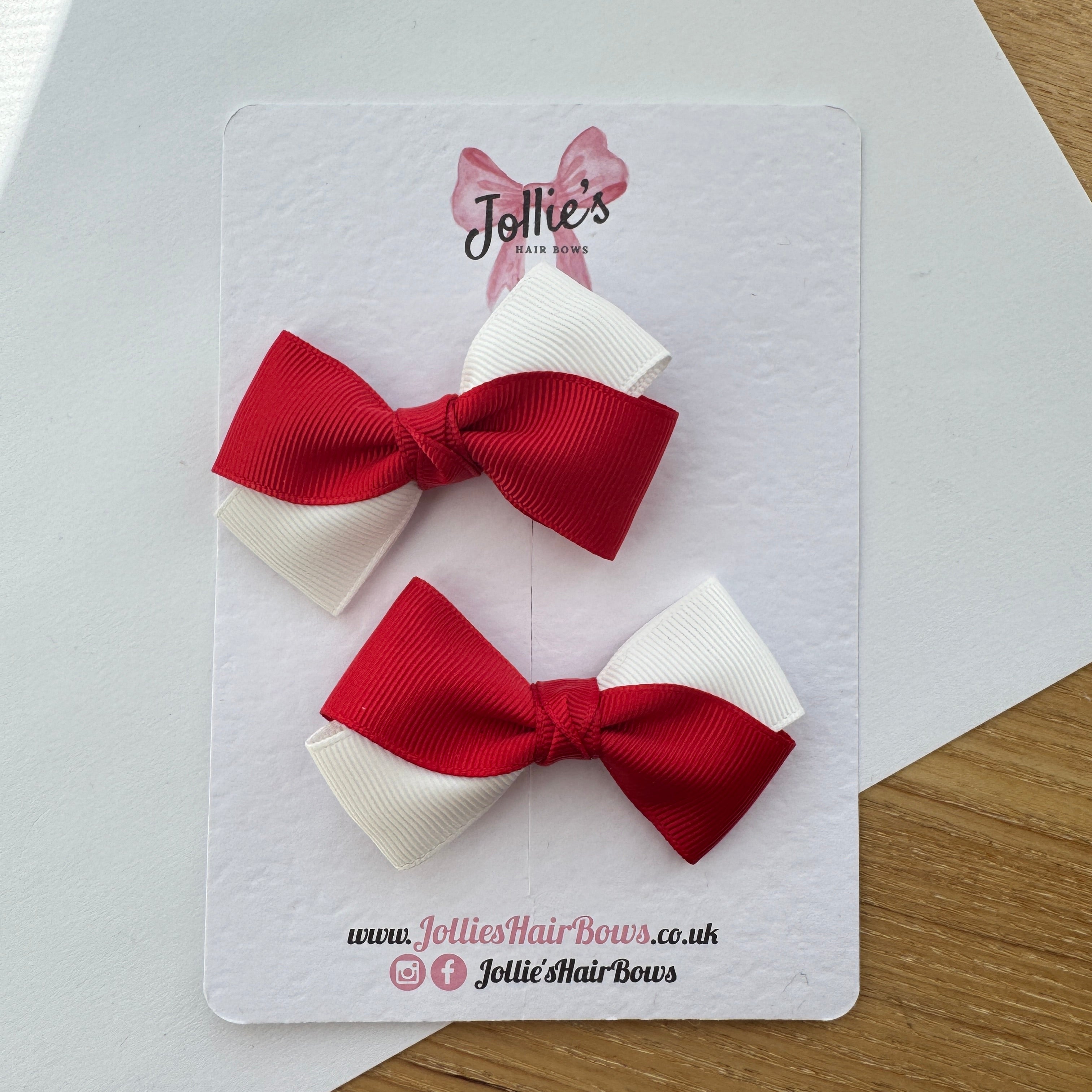 3" Red & White Twisty Hair Bow Pair – Grosgrain Ribbon Clips with Teeth