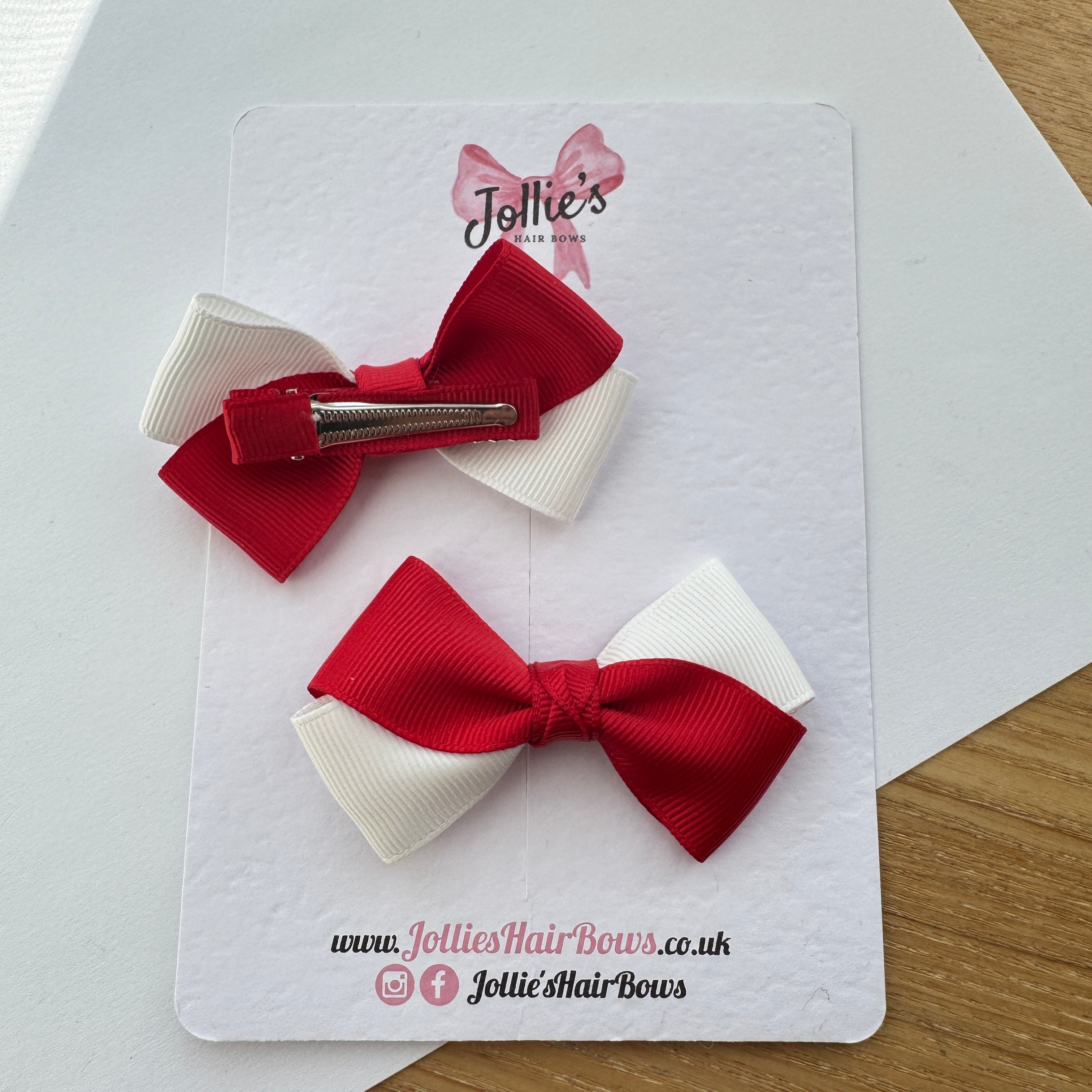 3" Red & White Twisty Hair Bow Pair – Grosgrain Ribbon Clips with Teeth