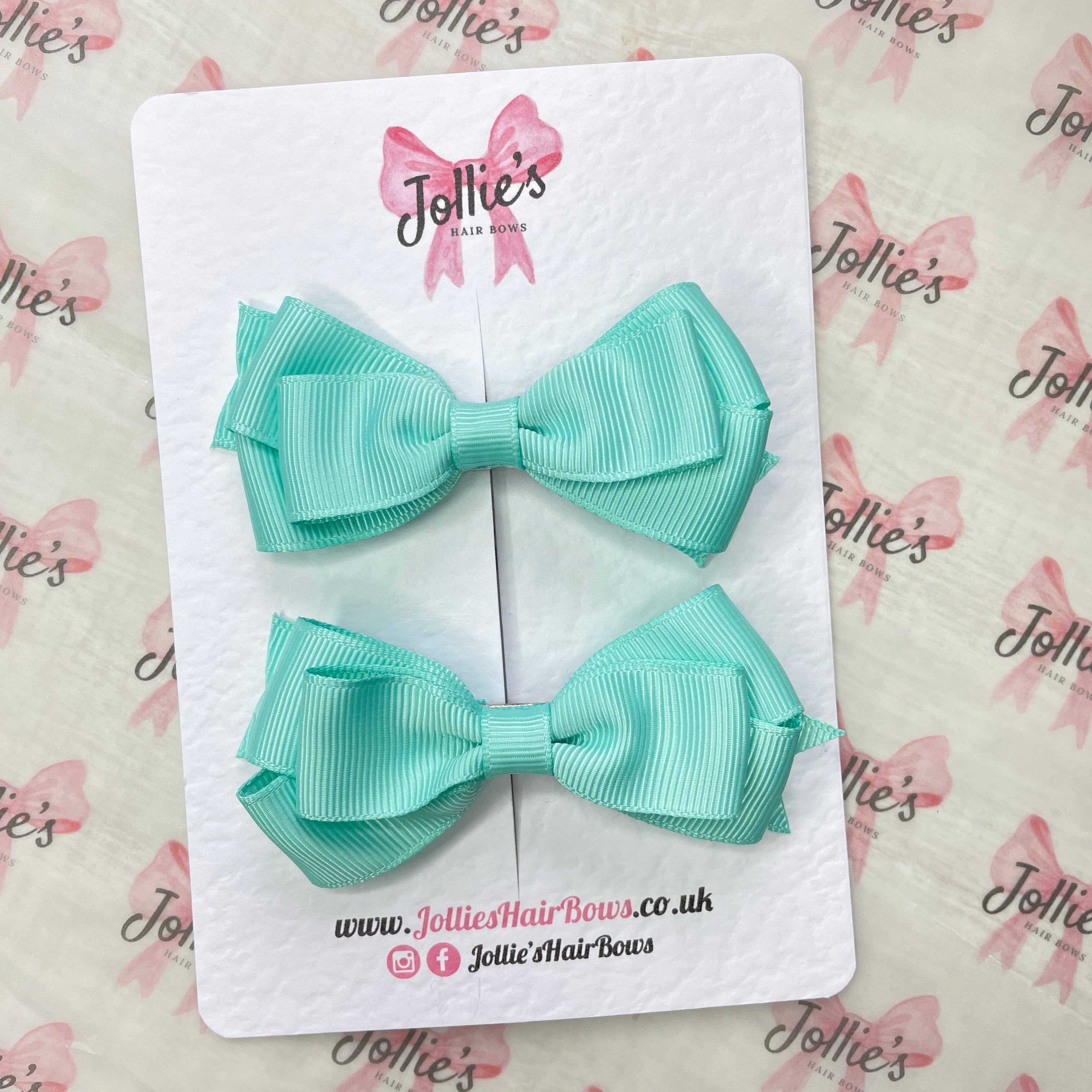 3inch Triple Layer Bow with Clip (pair) - Aqua