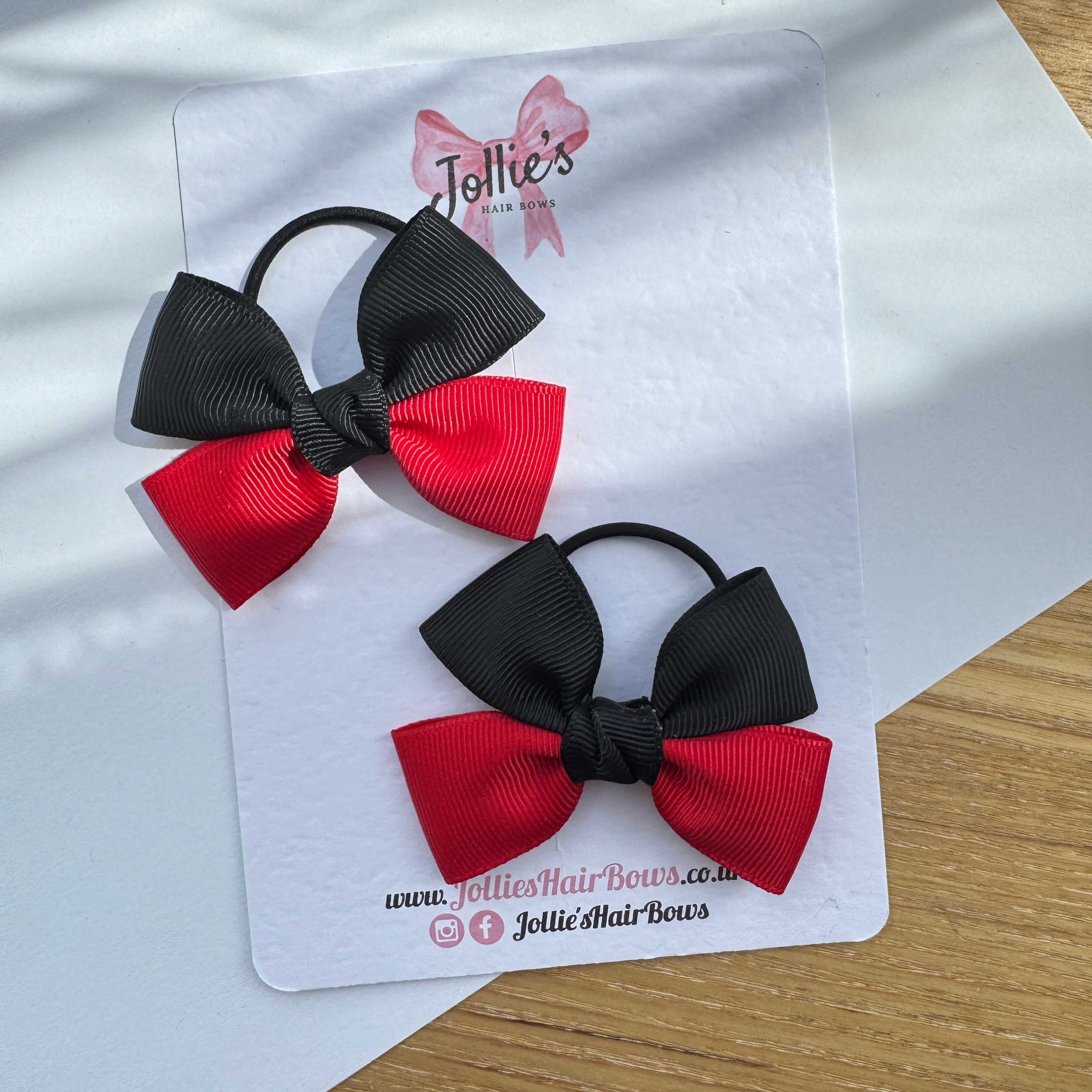 2.5" Red & Black Classic Hair Bow Pair – Grosgrain Ribbon on Thin Elastic