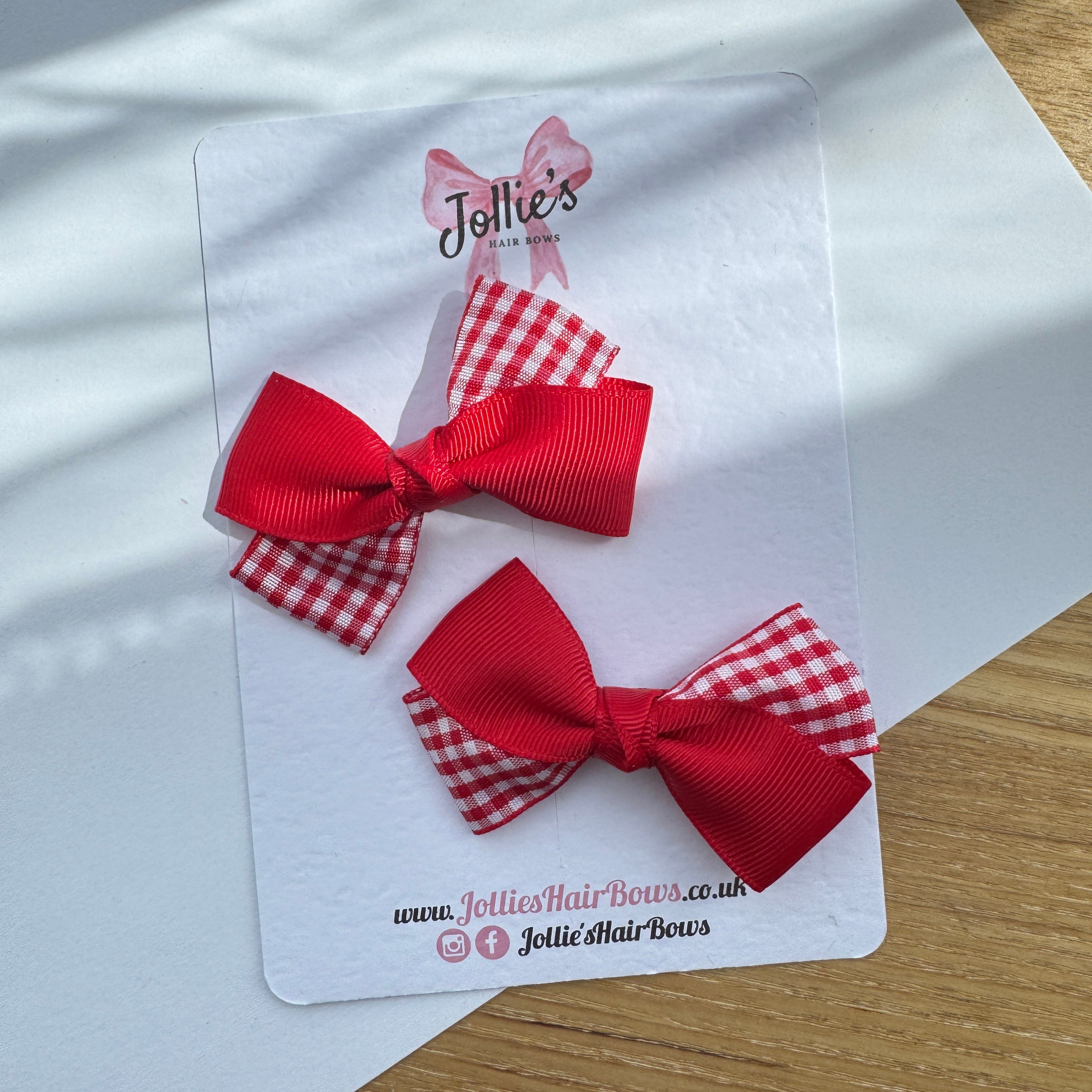 3" Red Gingham Twisty Hair Bow Pair – Grosgrain Ribbon Clips with Teeth