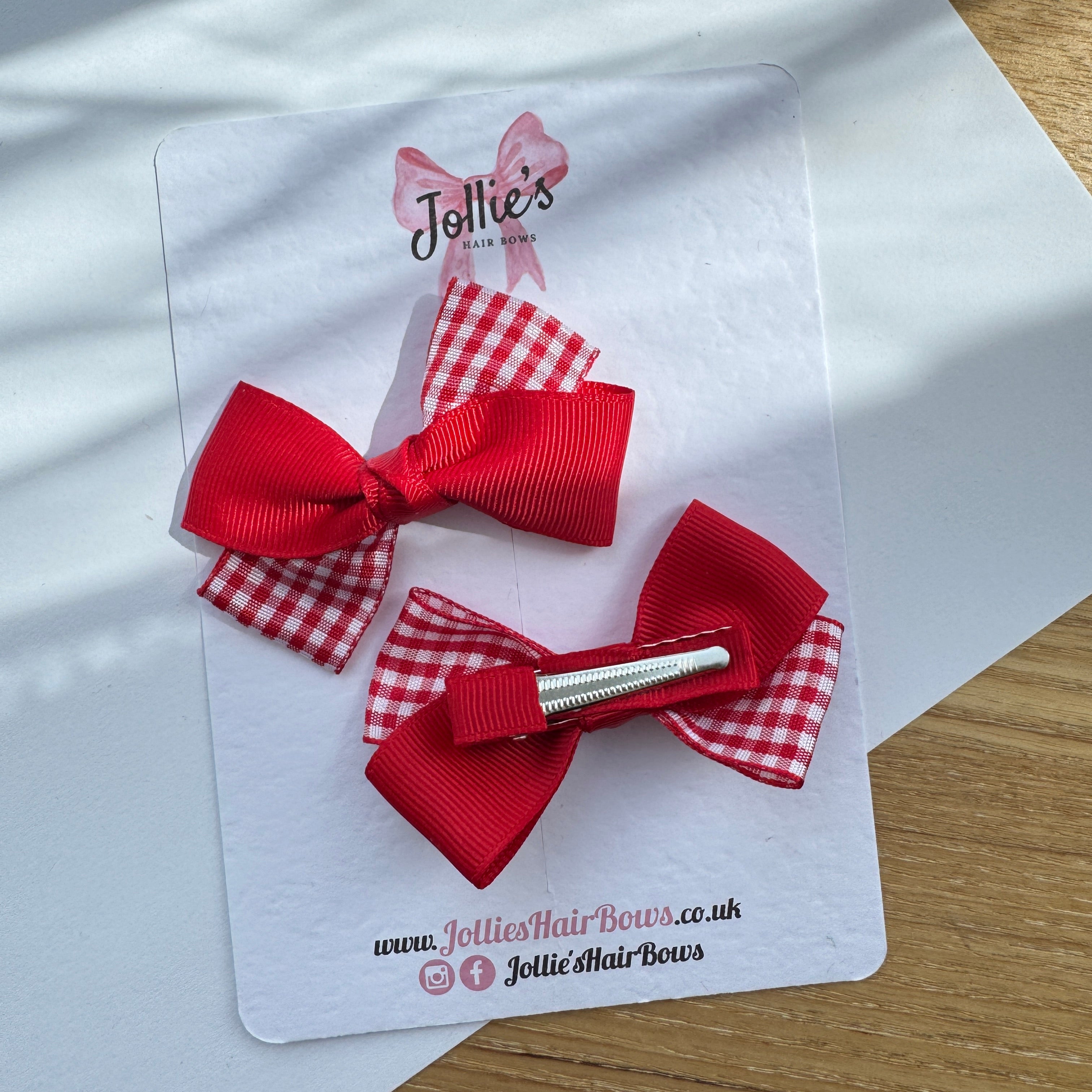 3" Red Gingham Twisty Hair Bow Pair – Grosgrain Ribbon Clips with Teeth