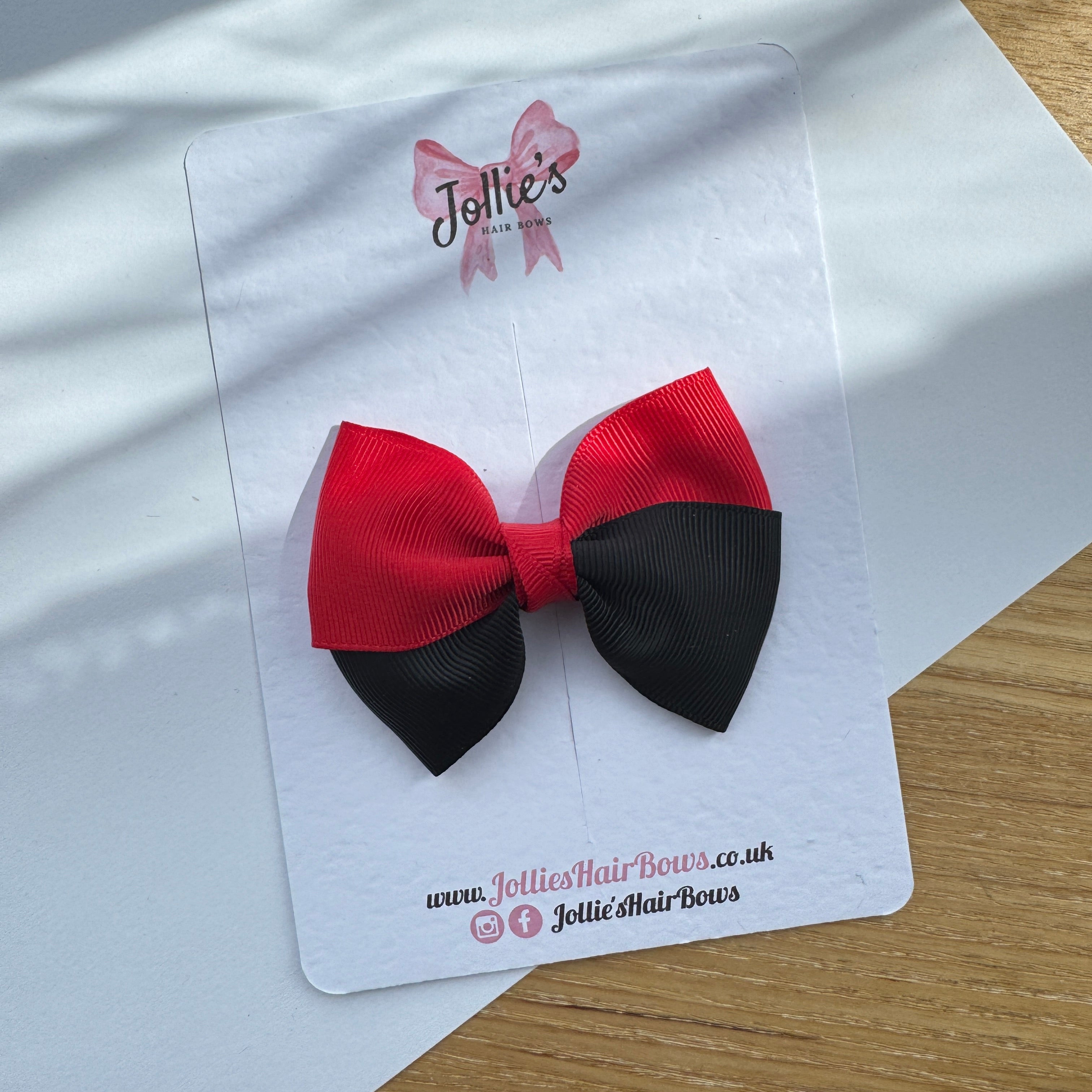3.2" Red & Black Hair Bow Pair – Grosgrain Ribbon with 1.6" Alligator Clips with Teeth