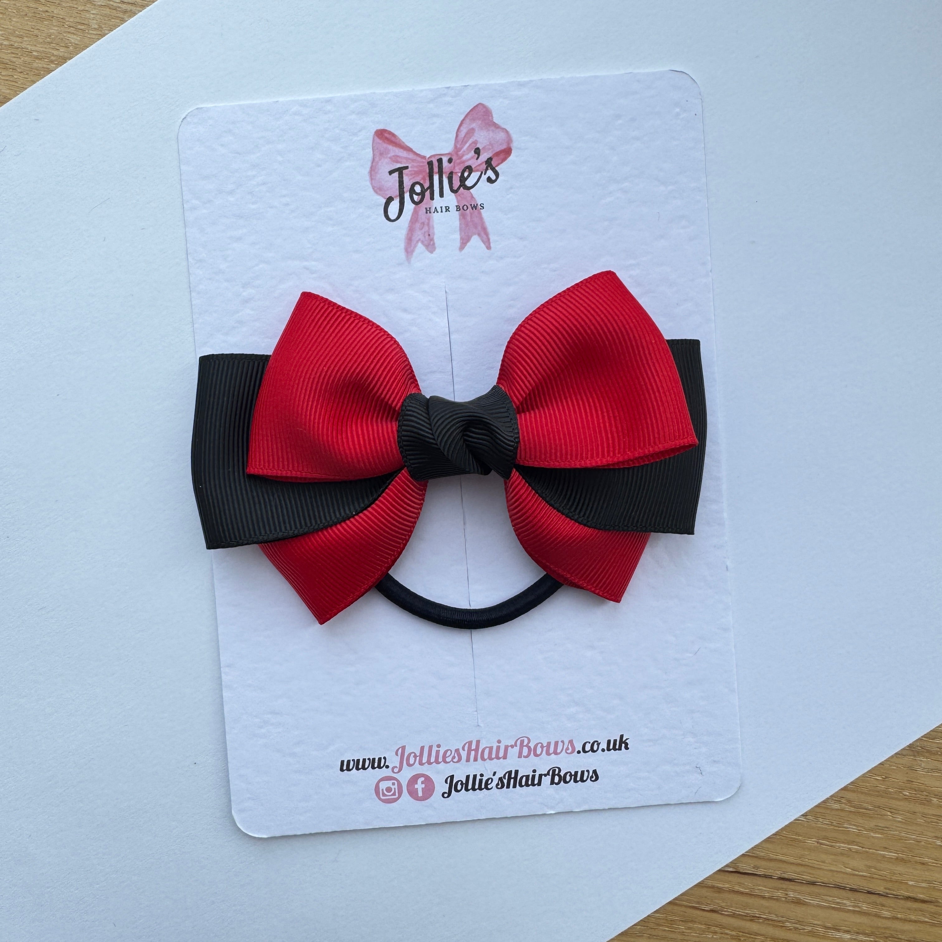 3.5" Red & Black Classic Hair Bow – Grosgrain Ribbon Thick Elastic Bobble