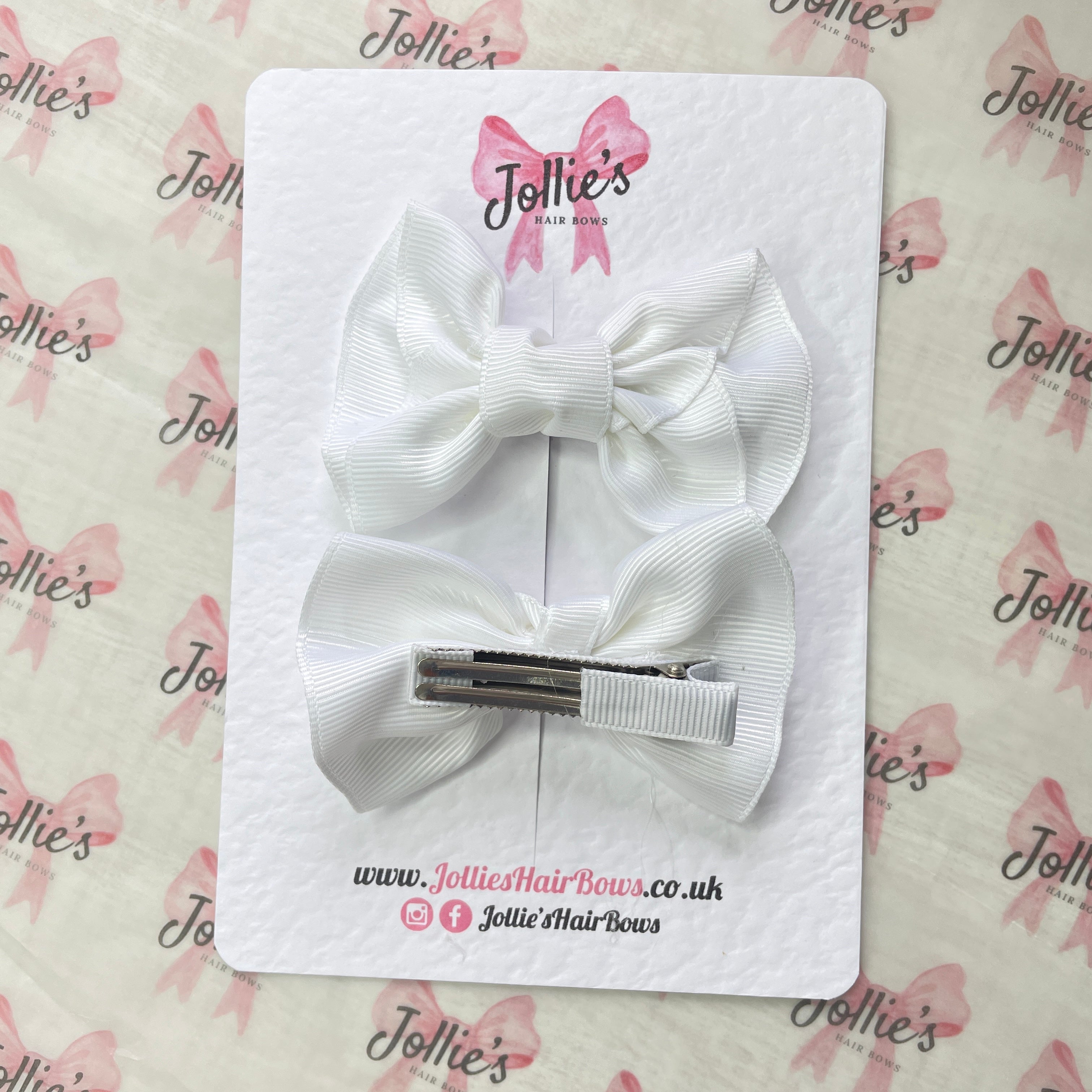 3inch Frown Bow with Clip (pair) - White