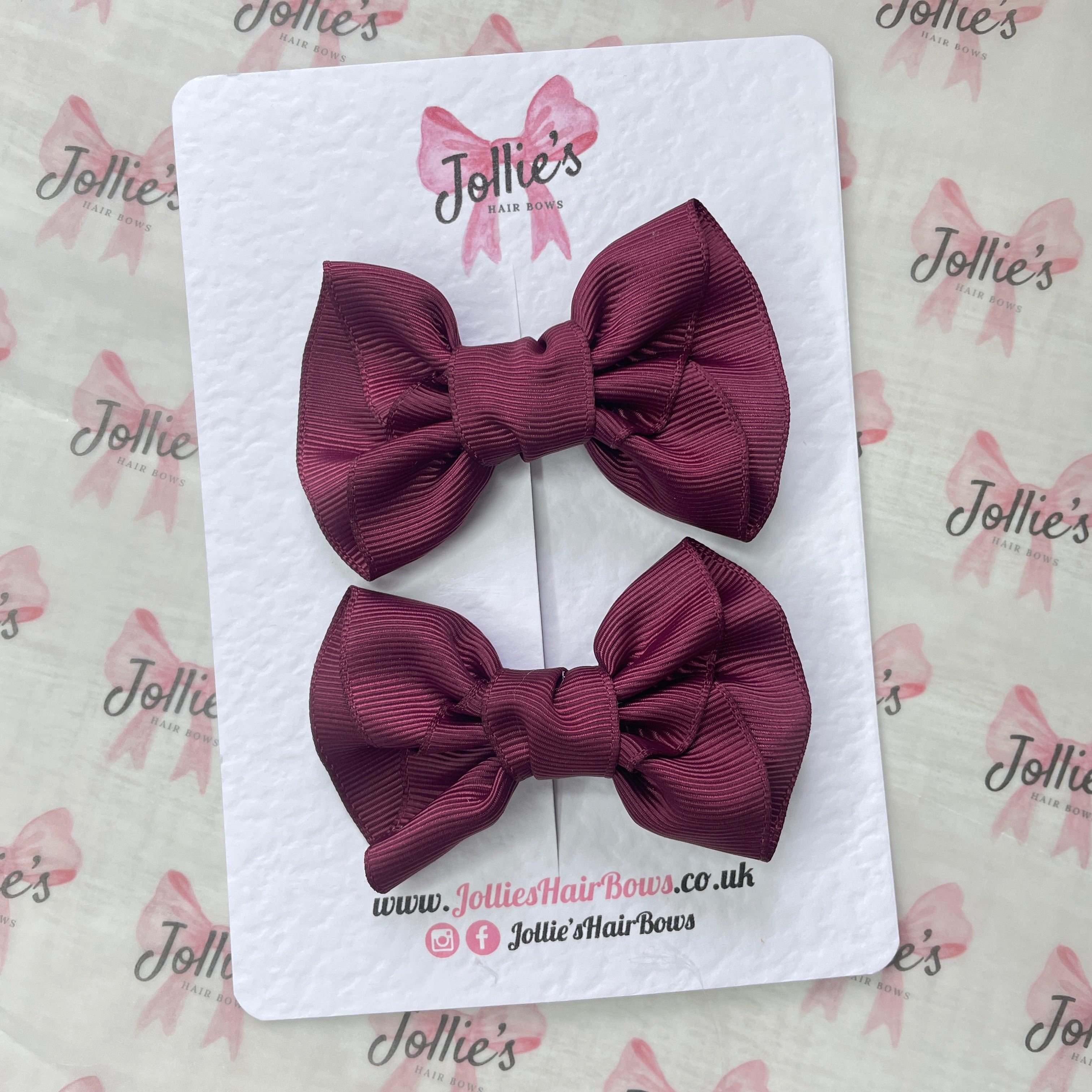 3inch Frown Bow with Clip (pair) - Burgundy