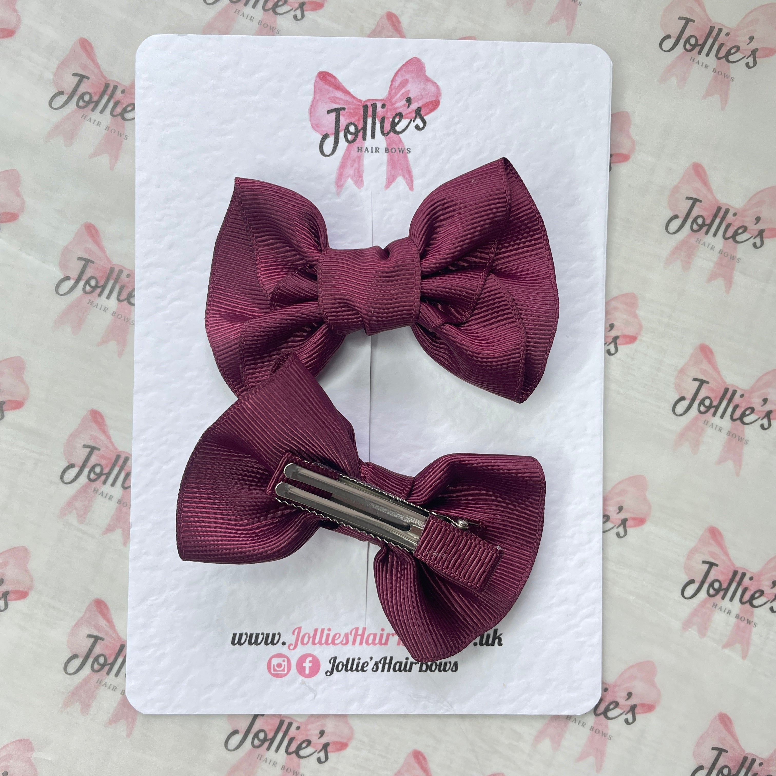 3inch Frown Bow with Clip (pair) - Burgundy