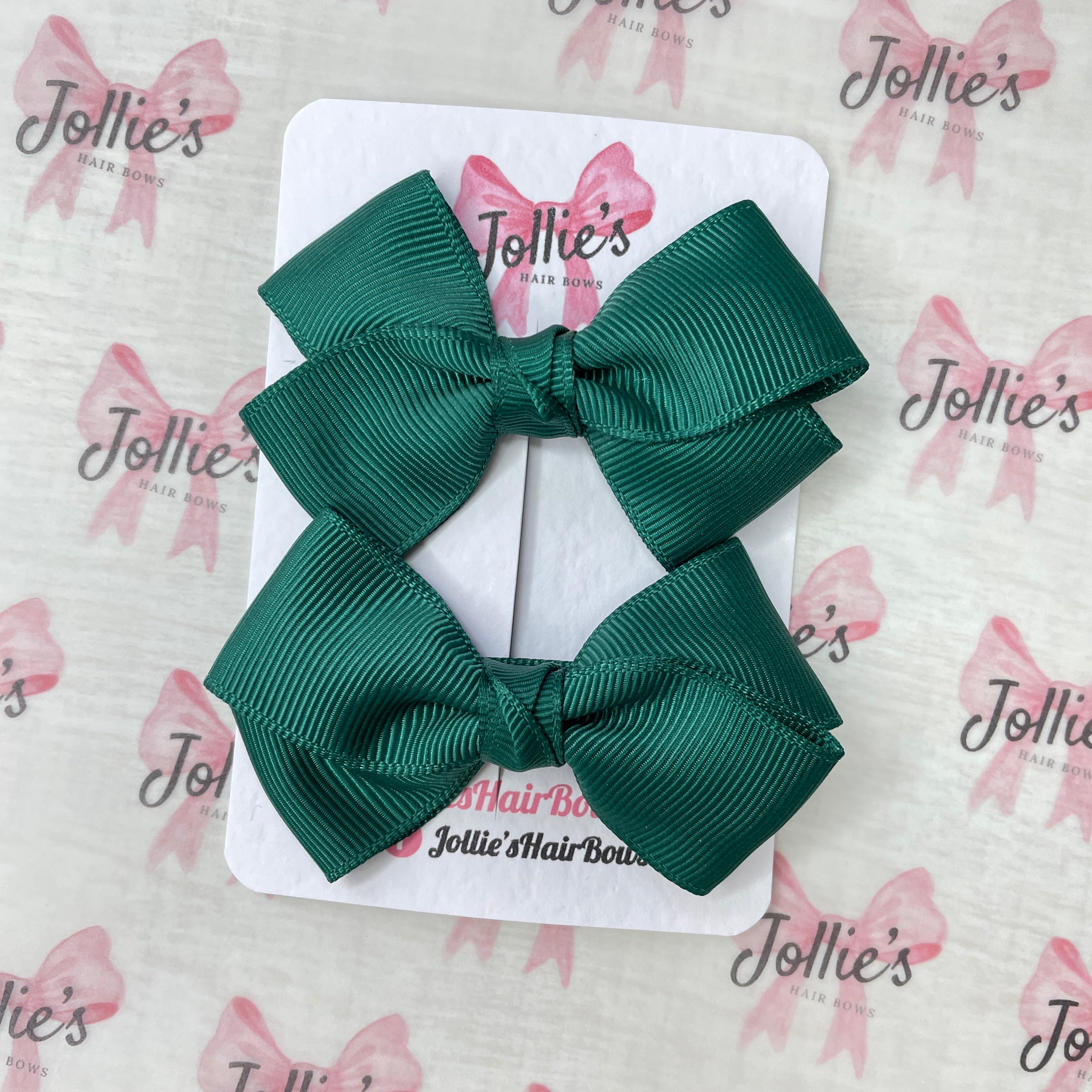 3" Hunter Green Twisty Hair Bow Pair – Grosgrain Ribbon Clips with Teeth