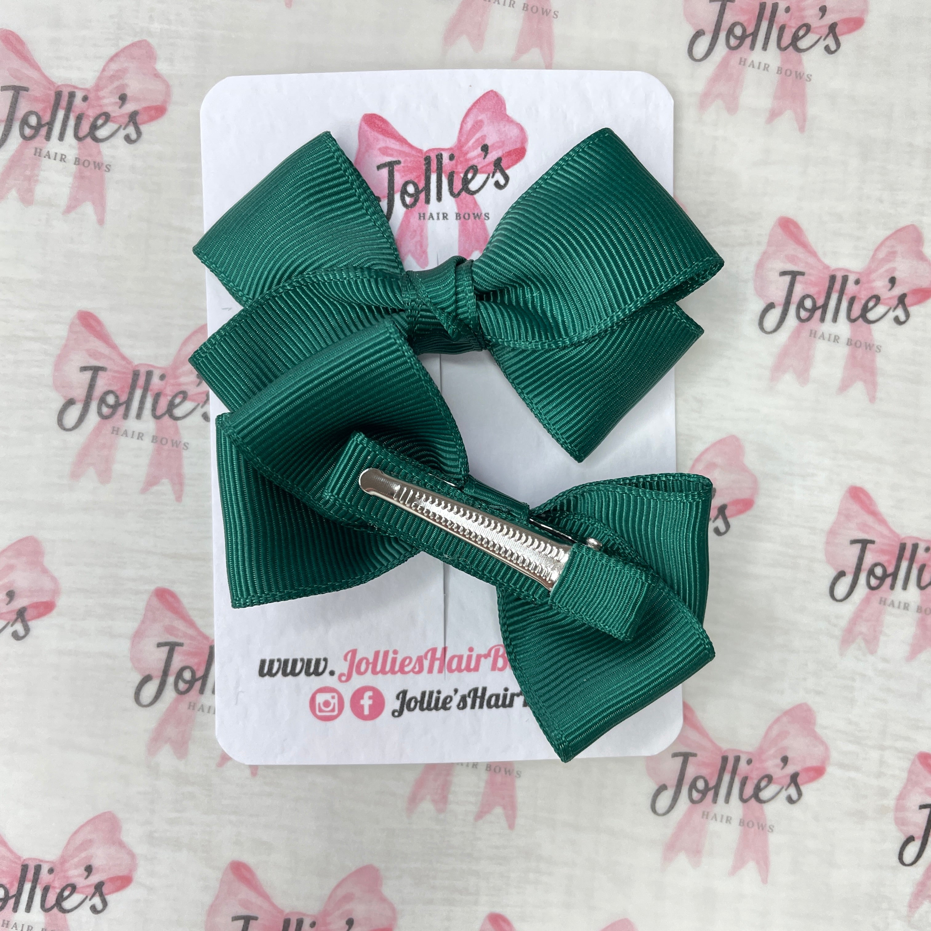 3" Hunter Green Twisty Hair Bow Pair – Grosgrain Ribbon Clips with Teeth