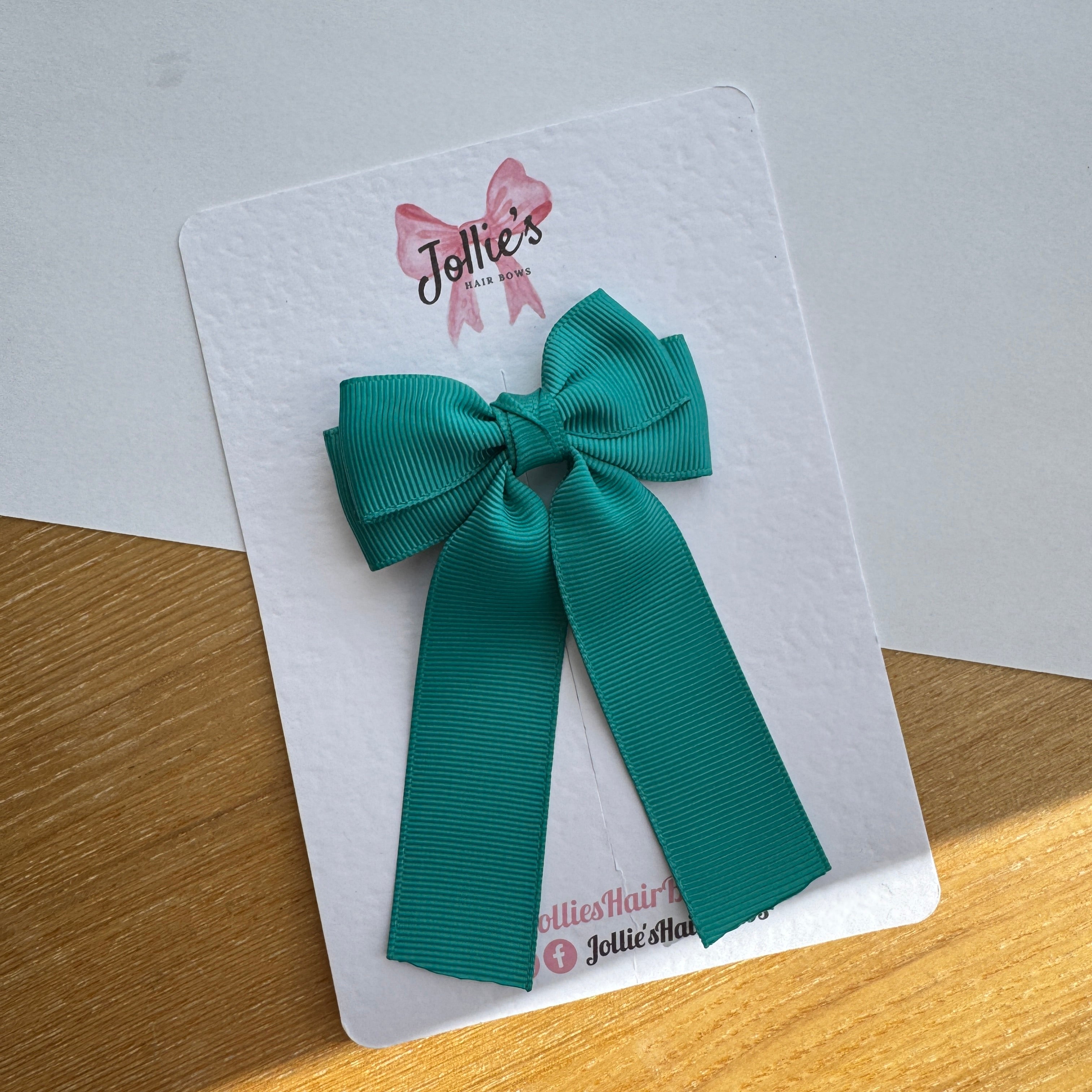 3" Jade Green Ribbon Tail Hair Bow – Grosgrain Ribbon Clip with Teeth