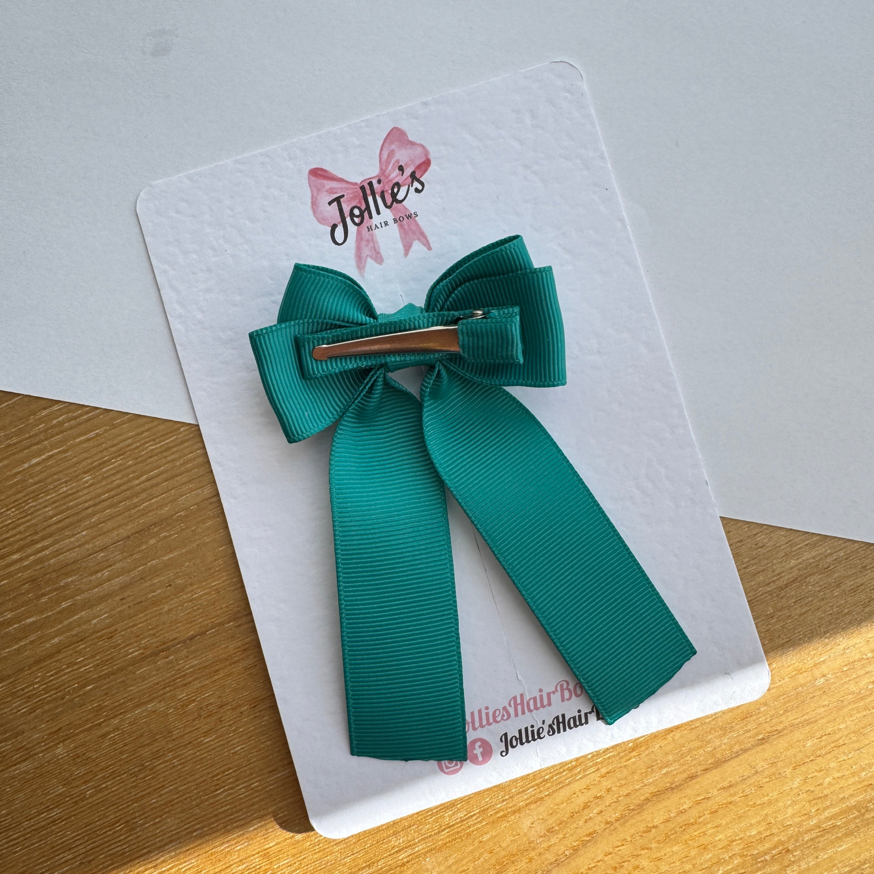 3" Jade Green Ribbon Tail Hair Bow – Grosgrain Ribbon Clip with Teeth