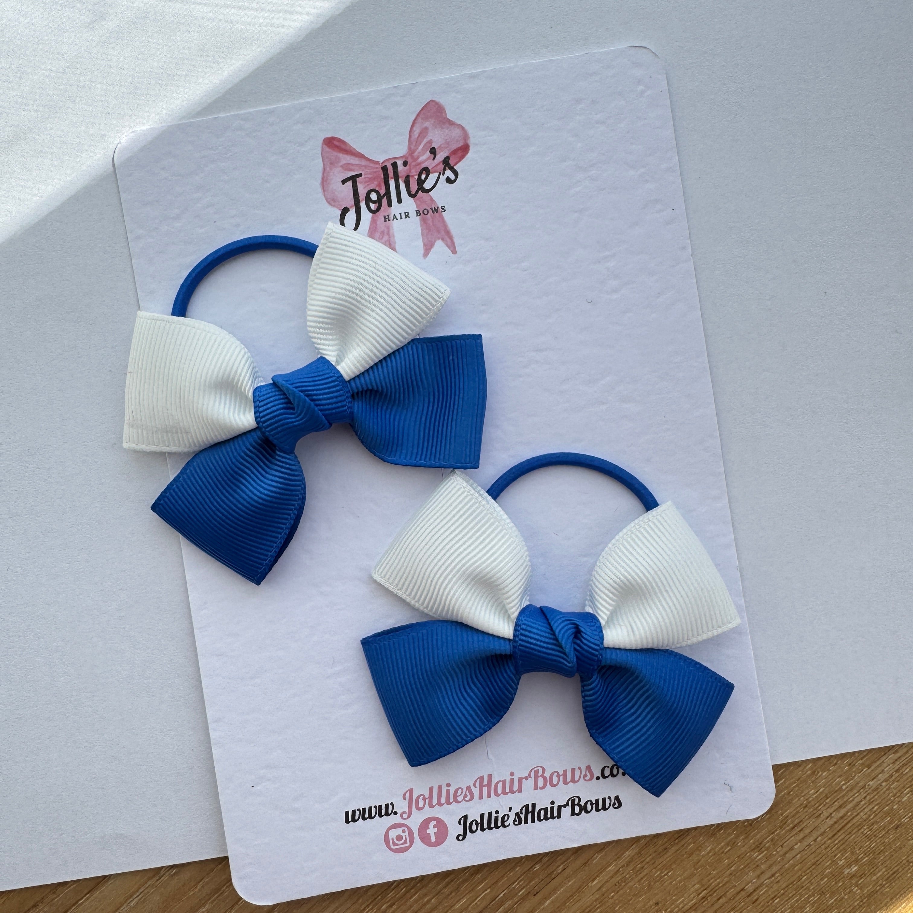 2.5" Royal Blue & White Classic Hair Bow Pair – Grosgrain Ribbon on Thin Elastic