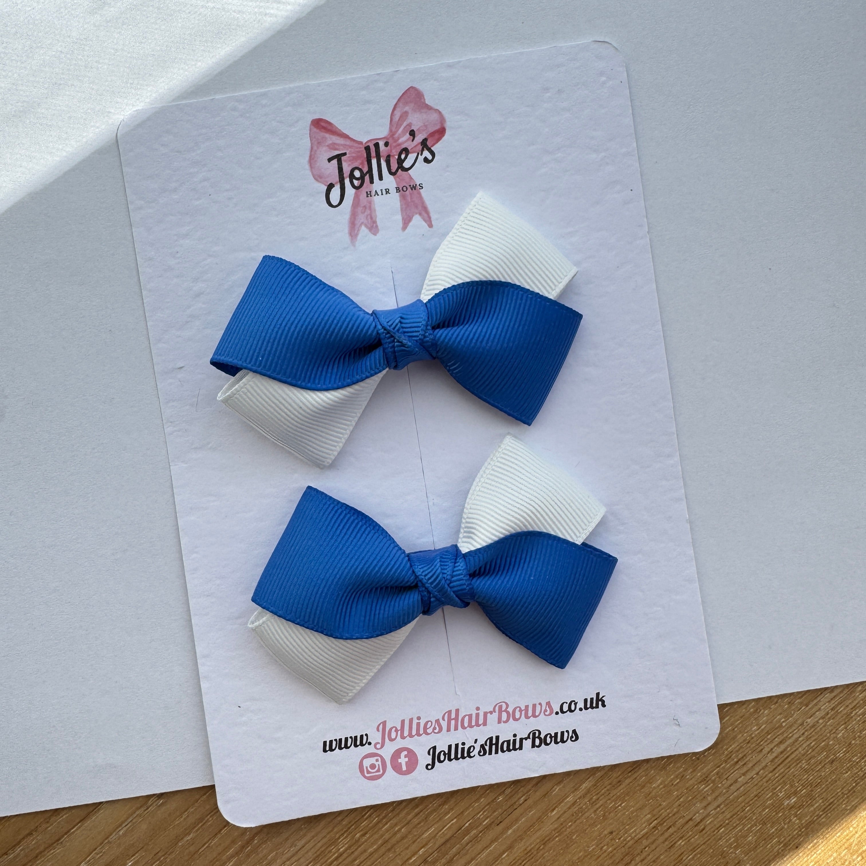 3" Royal Blue & White Twisty Hair Bow Pair – Grosgrain Ribbon Clips with Teeth