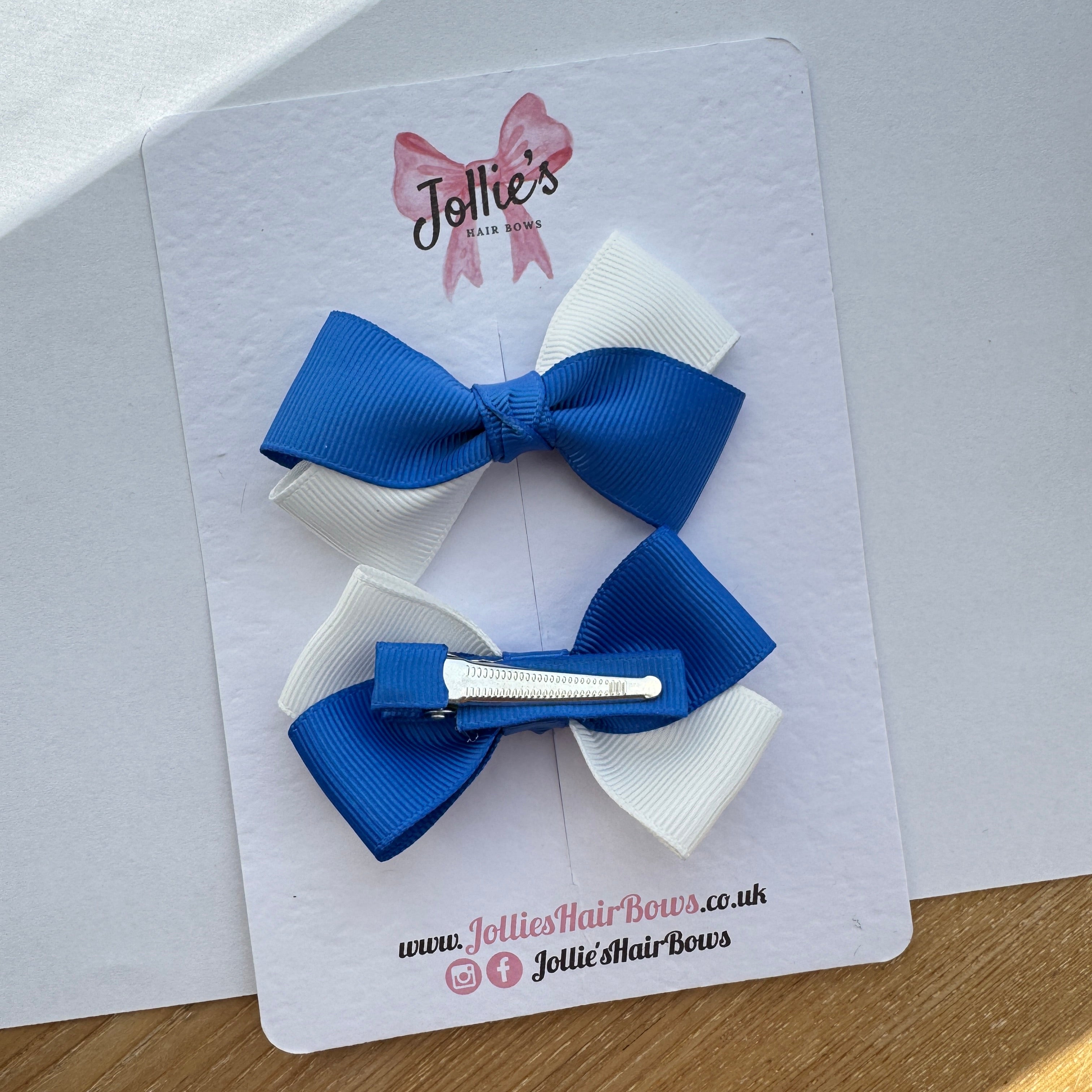 3" Royal Blue & White Twisty Hair Bow Pair – Grosgrain Ribbon Clips with Teeth