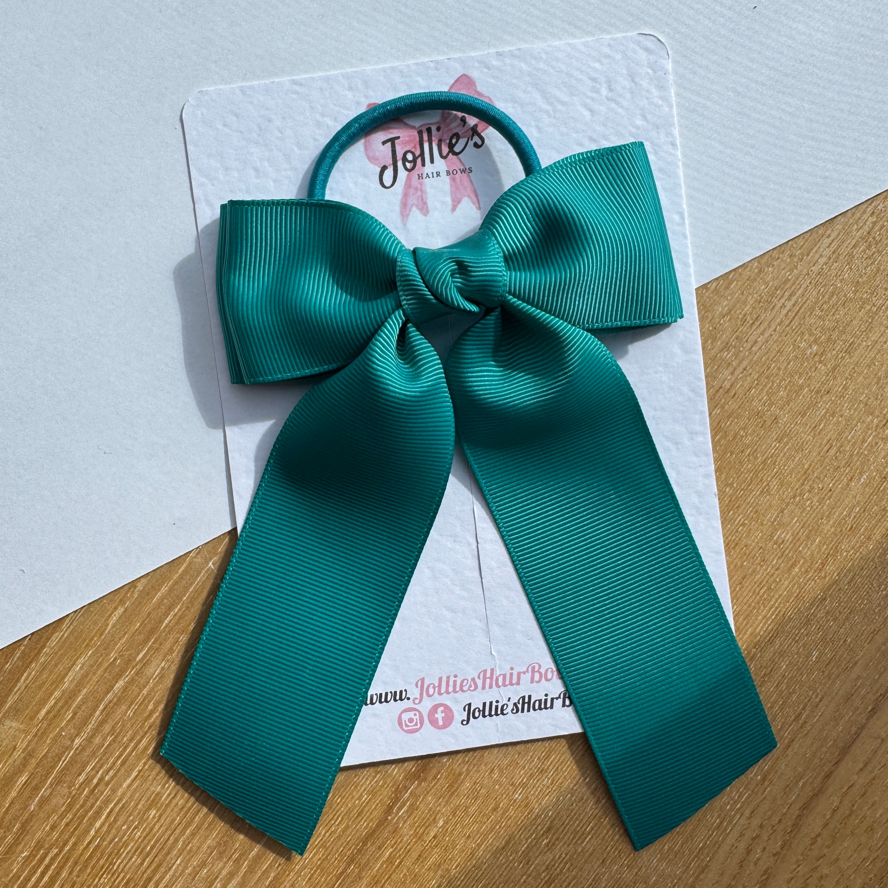 5" Jade Green Long Tail School Hair Bow – Grosgrain Ribbon with Thick Elastic Bobble