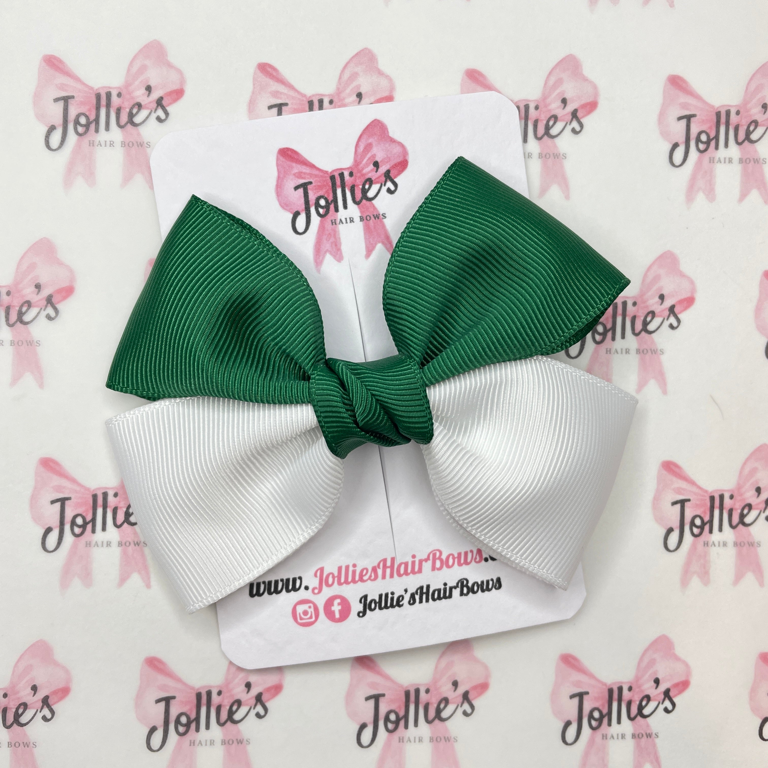 4inch Classic Bow with Clip - Forest Green & White