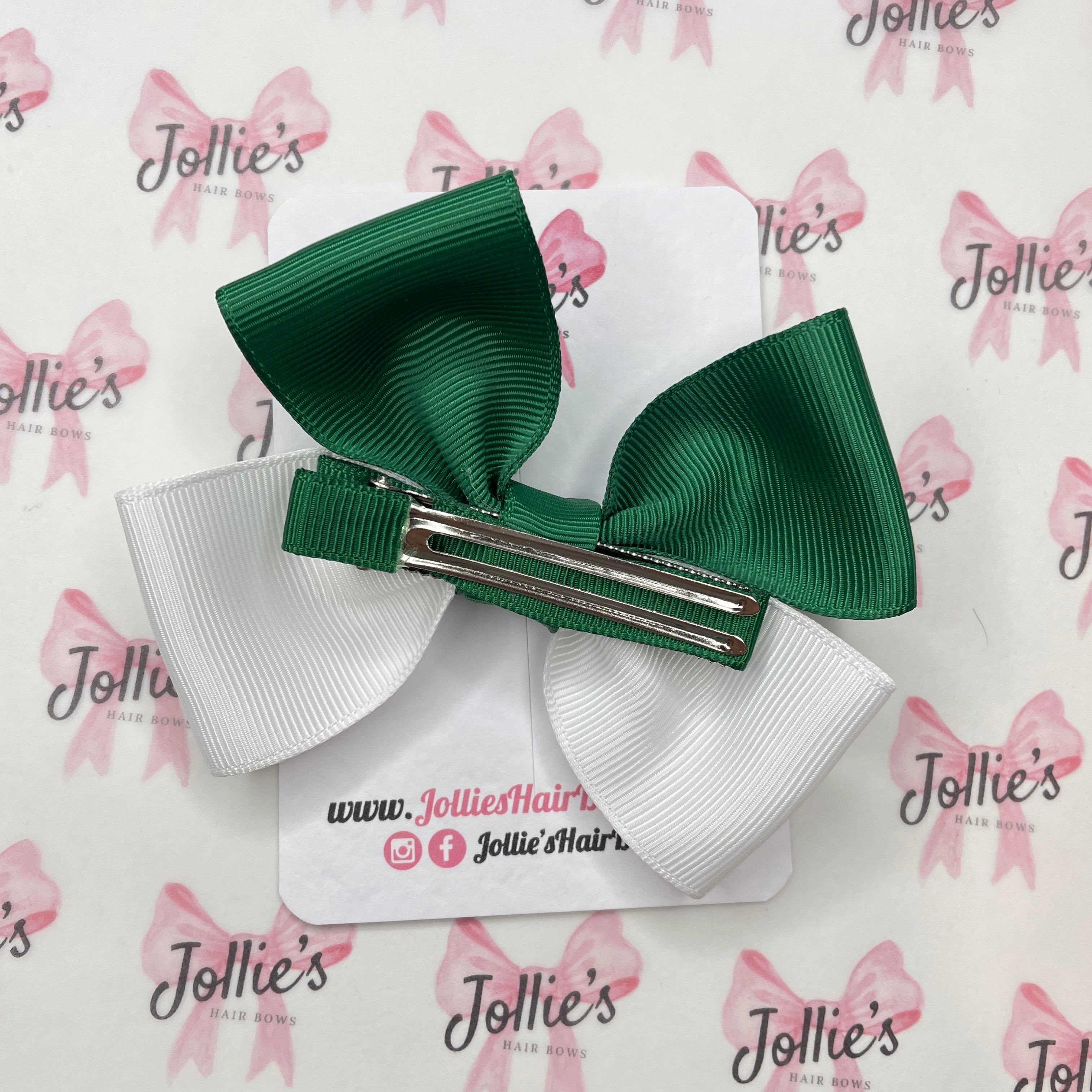 4inch Classic Bow with Clip - Forest Green & White