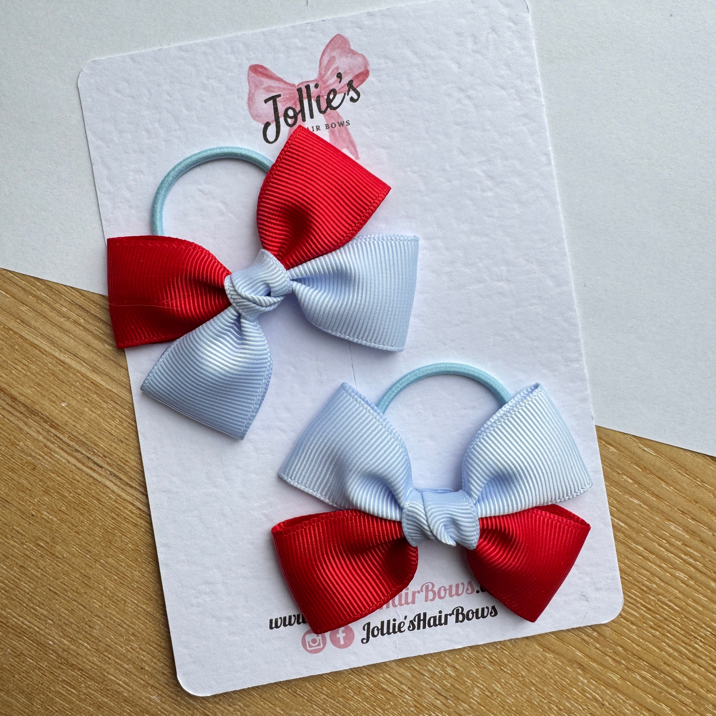 2.5" Red & Bluebell Classic Hair Bow Pair – Grosgrain Ribbon on Thin Elastic